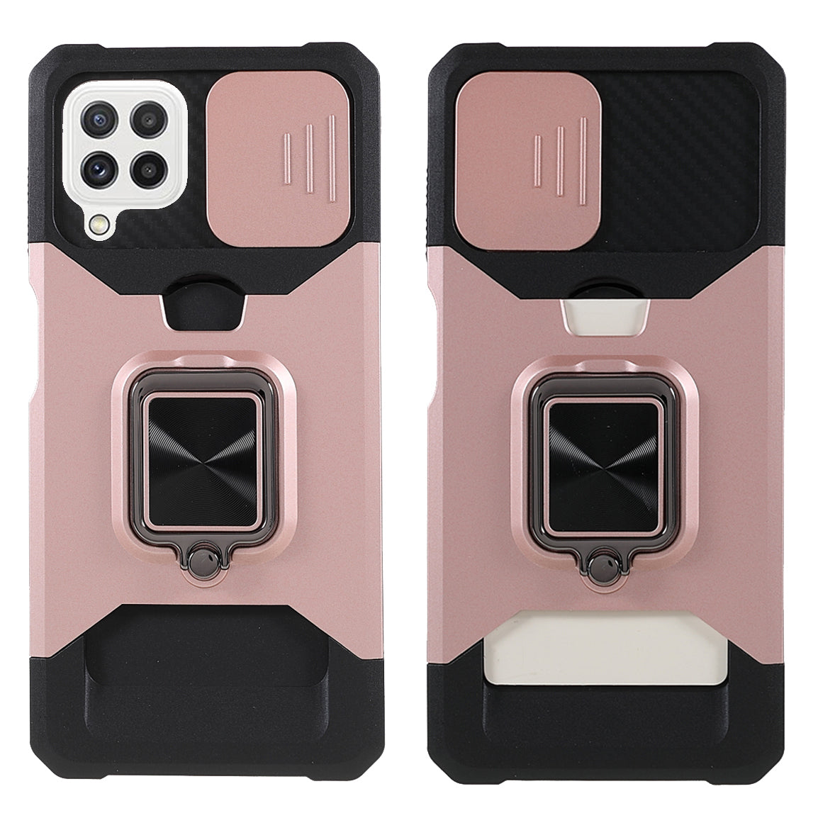 2 in 1 Camera Slider Design Hybrid Phone Case Cover with Kickstand and Card Holder for Samsung Galaxy A22 4G (EU Version)