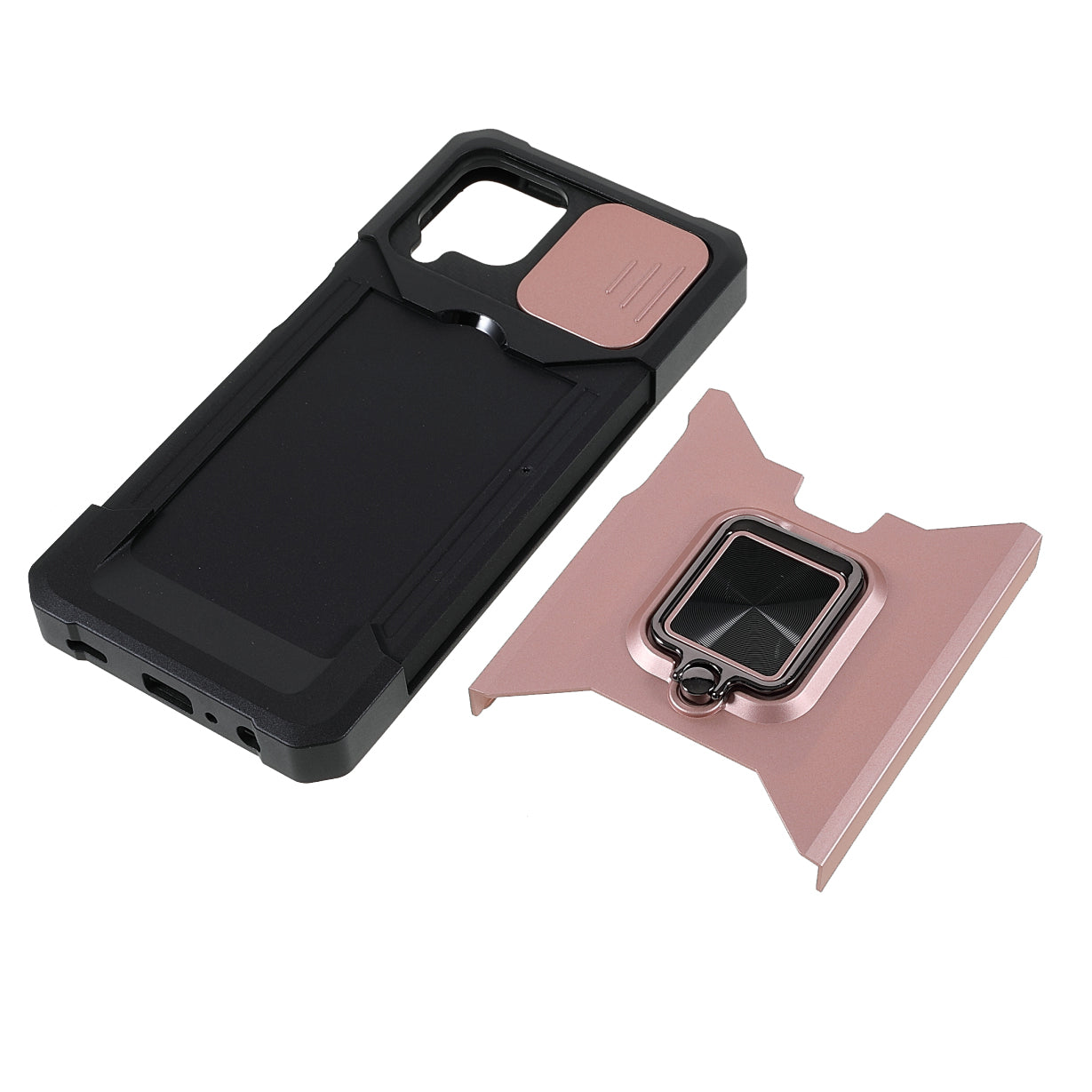 2 in 1 Camera Slider Design Hybrid Phone Case Cover with Kickstand and Card Holder for Samsung Galaxy A22 4G (EU Version)