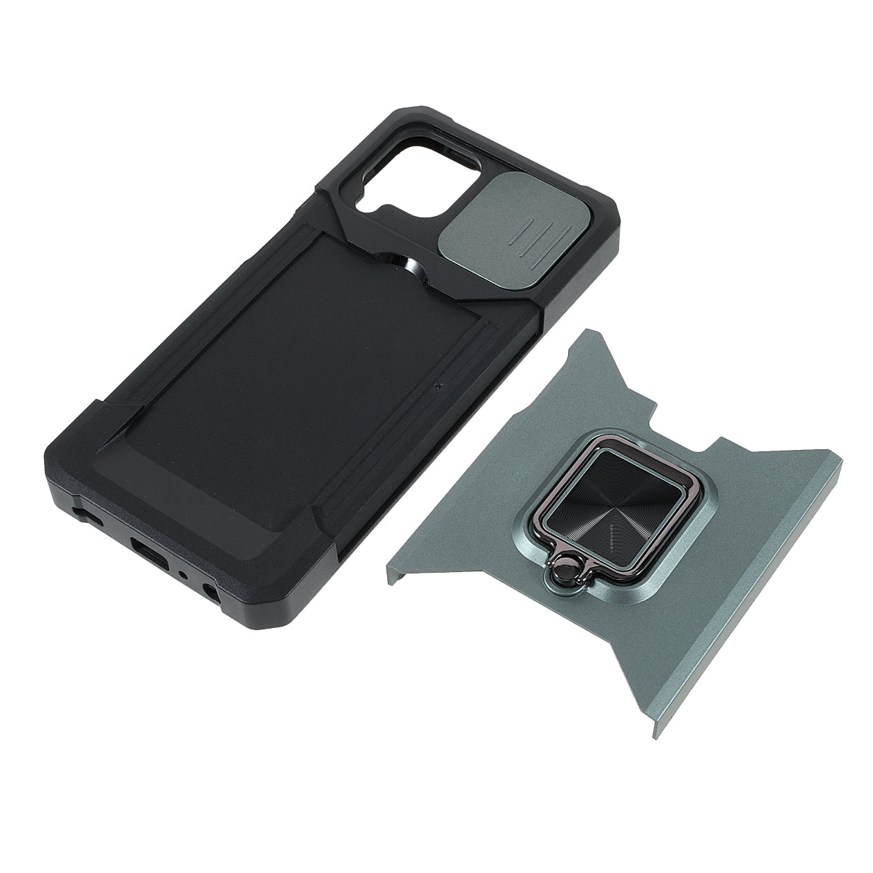 2 in 1 Camera Slider Design Hybrid Phone Case Cover with Kickstand and Card Holder for Samsung Galaxy A22 4G (EU Version)