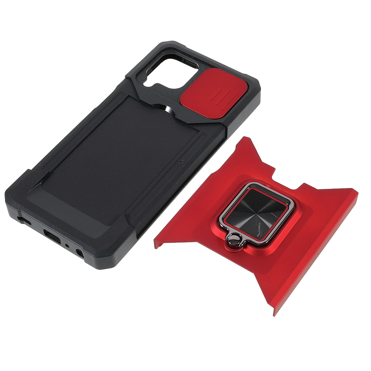 2 in 1 Camera Slider Design Hybrid Phone Case Cover with Kickstand and Card Holder for Samsung Galaxy A22 4G (EU Version)