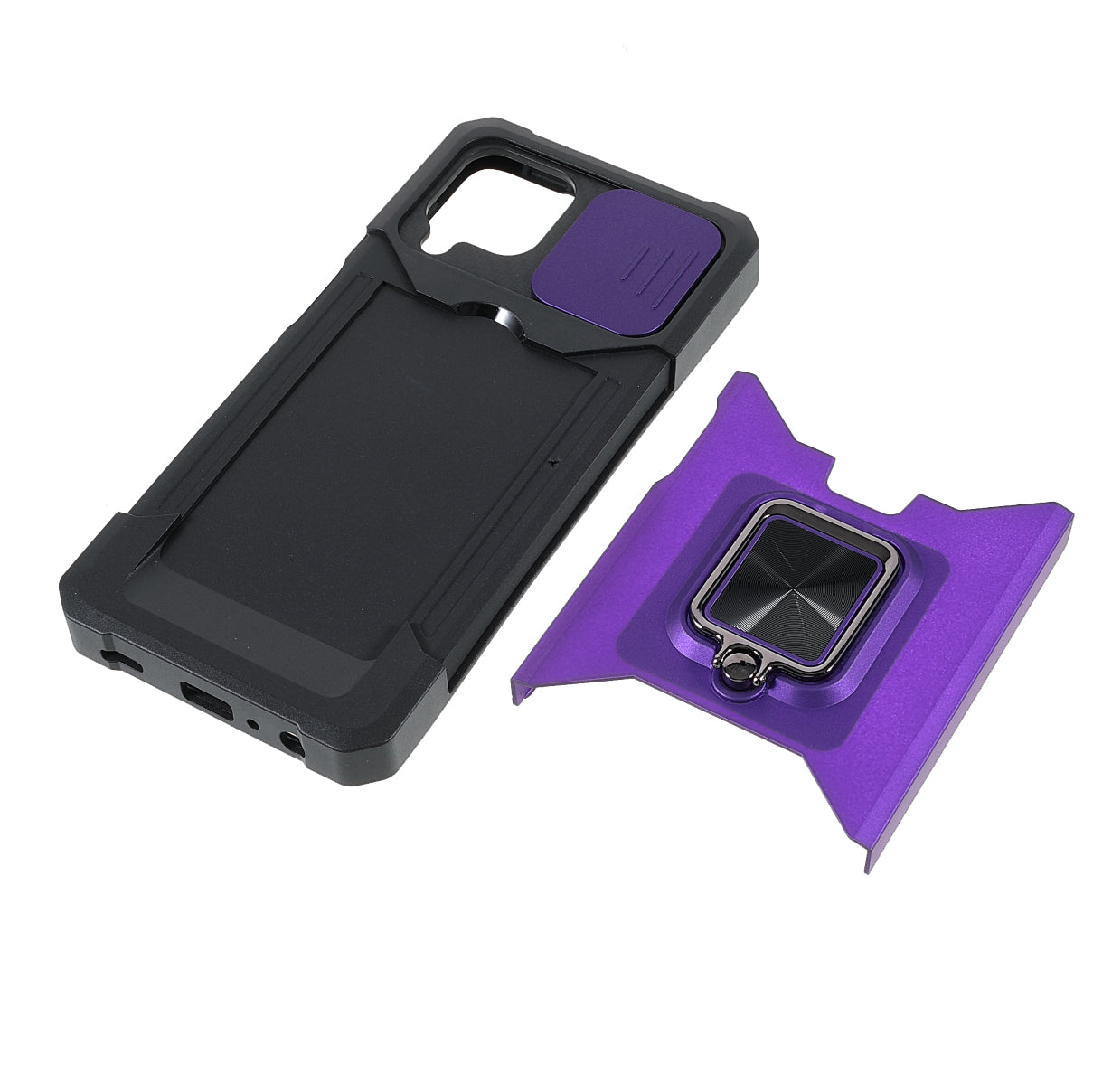 2 in 1 Camera Slider Design Hybrid Phone Case Cover with Kickstand and Card Holder for Samsung Galaxy A22 4G (EU Version)