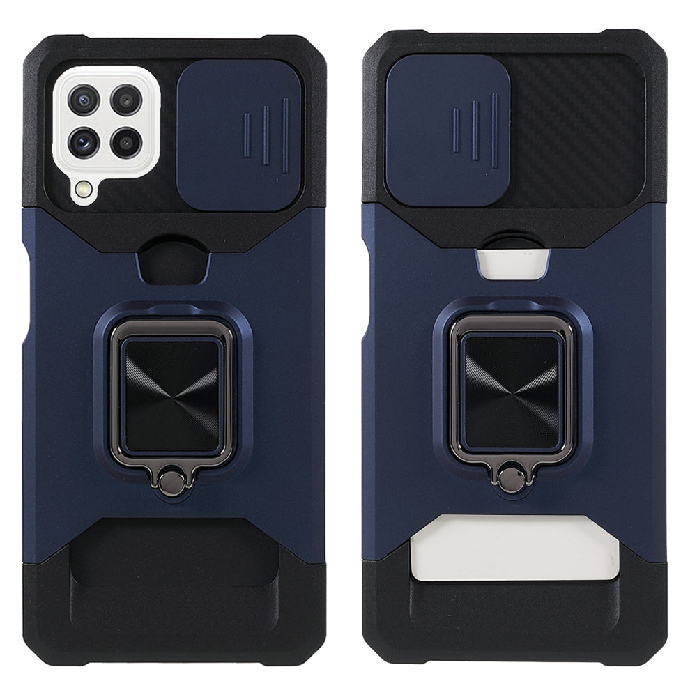2 in 1 Camera Slider Design Hybrid Phone Case Cover with Kickstand and Card Holder for Samsung Galaxy A22 4G (EU Version)
