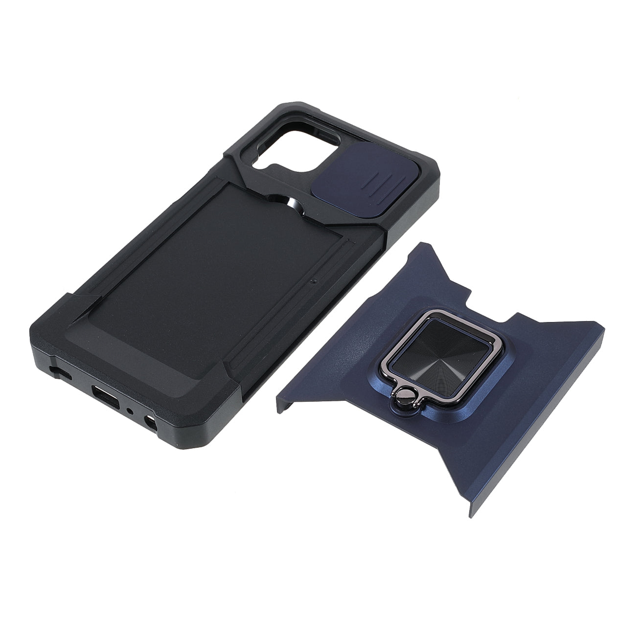 2 in 1 Camera Slider Design Hybrid Phone Case Cover with Kickstand and Card Holder for Samsung Galaxy A22 4G (EU Version)