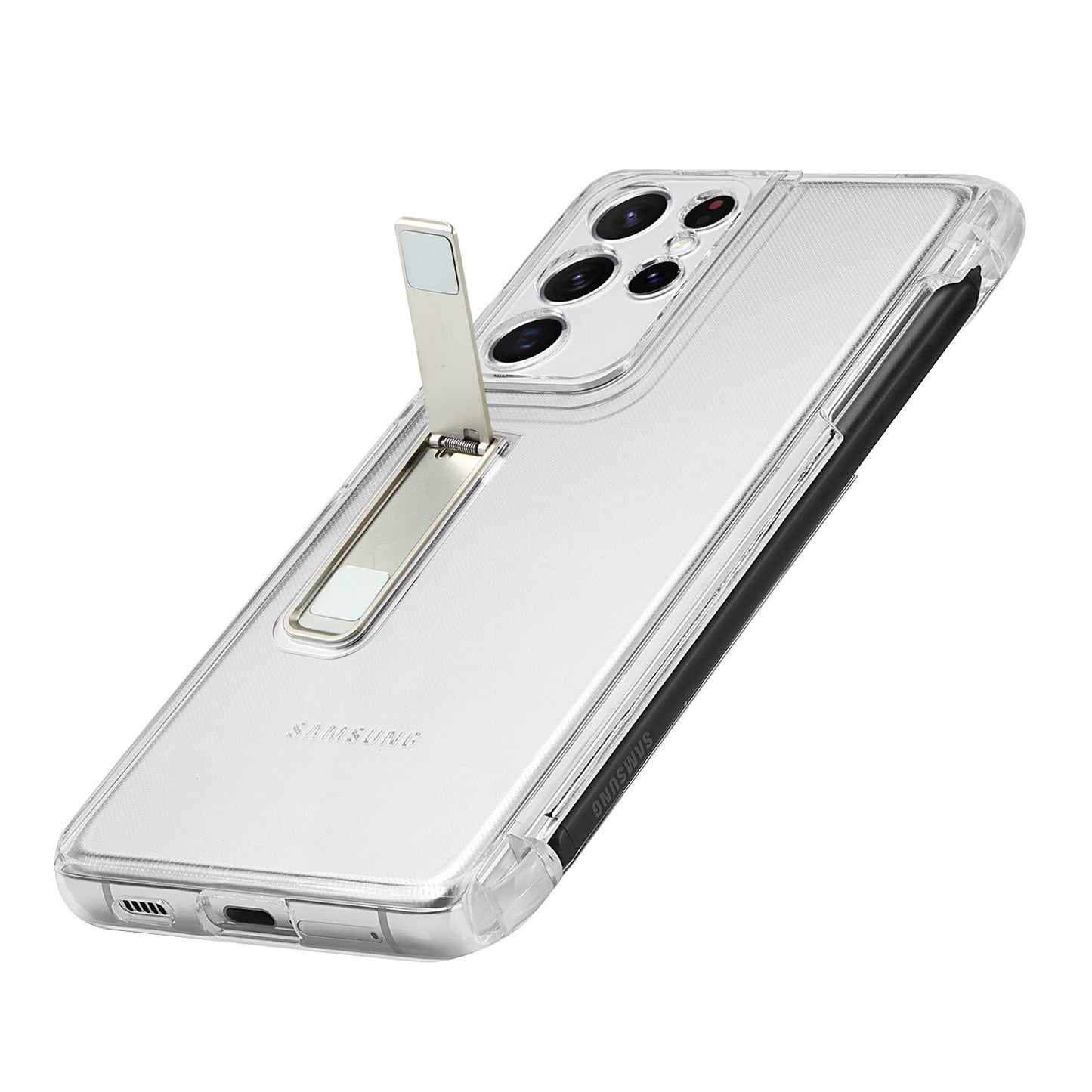 Kickstand Flexible Soft TPU Transparent Protective Case with Pen Holder Slot for Samsung Galaxy S21 Ultra 5G