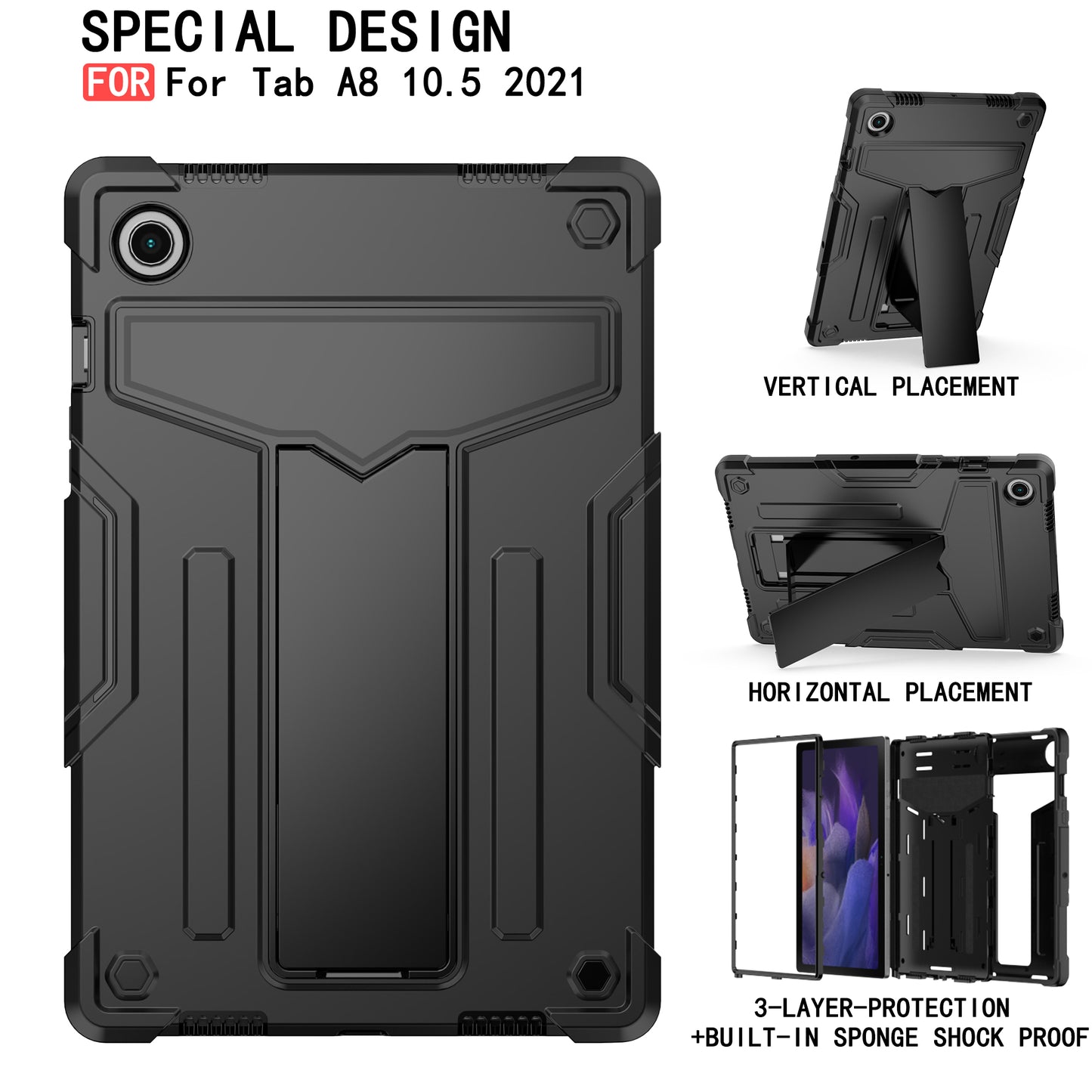 Foldable T-shaped Tablet Case with Kickstand PC Silicone Shockproof Protector Cover for Samsung Galaxy Tab A8 10.5 (2021)
