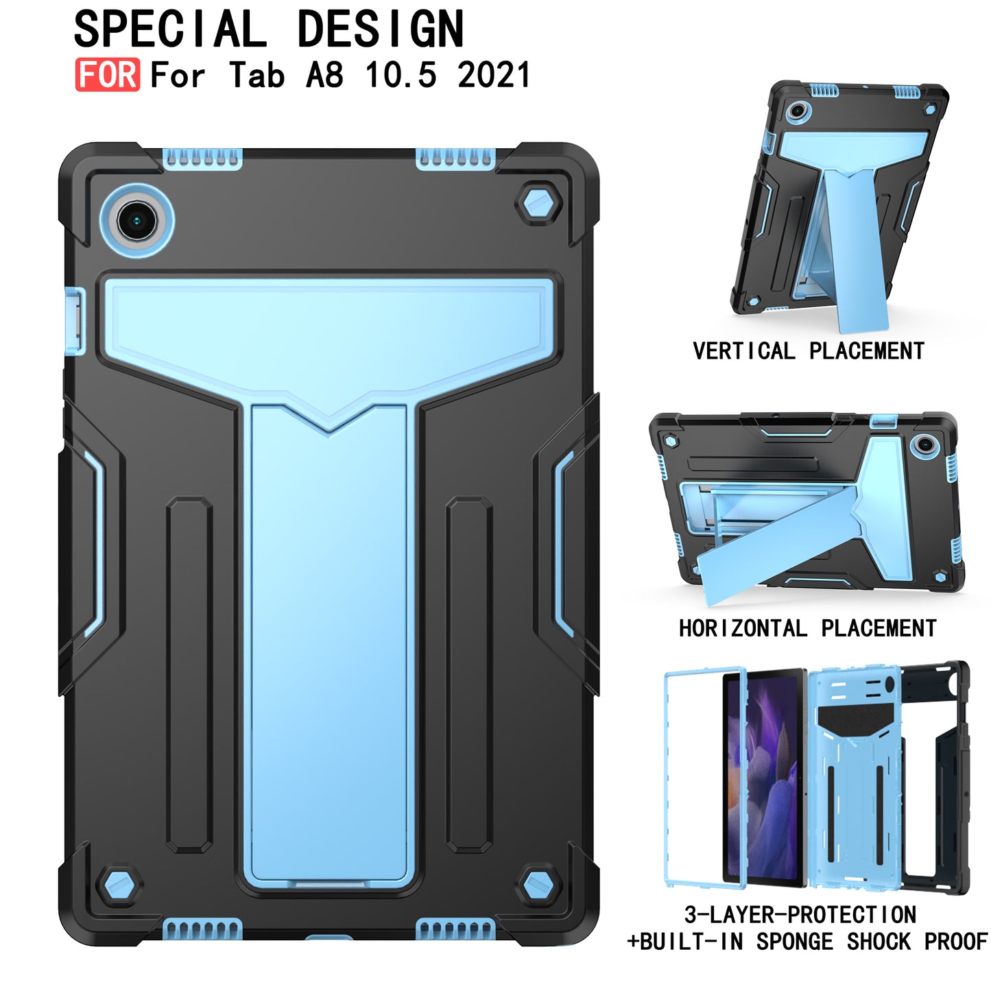 Foldable T-shaped Tablet Case with Kickstand PC Silicone Shockproof Protector Cover for Samsung Galaxy Tab A8 10.5 (2021)