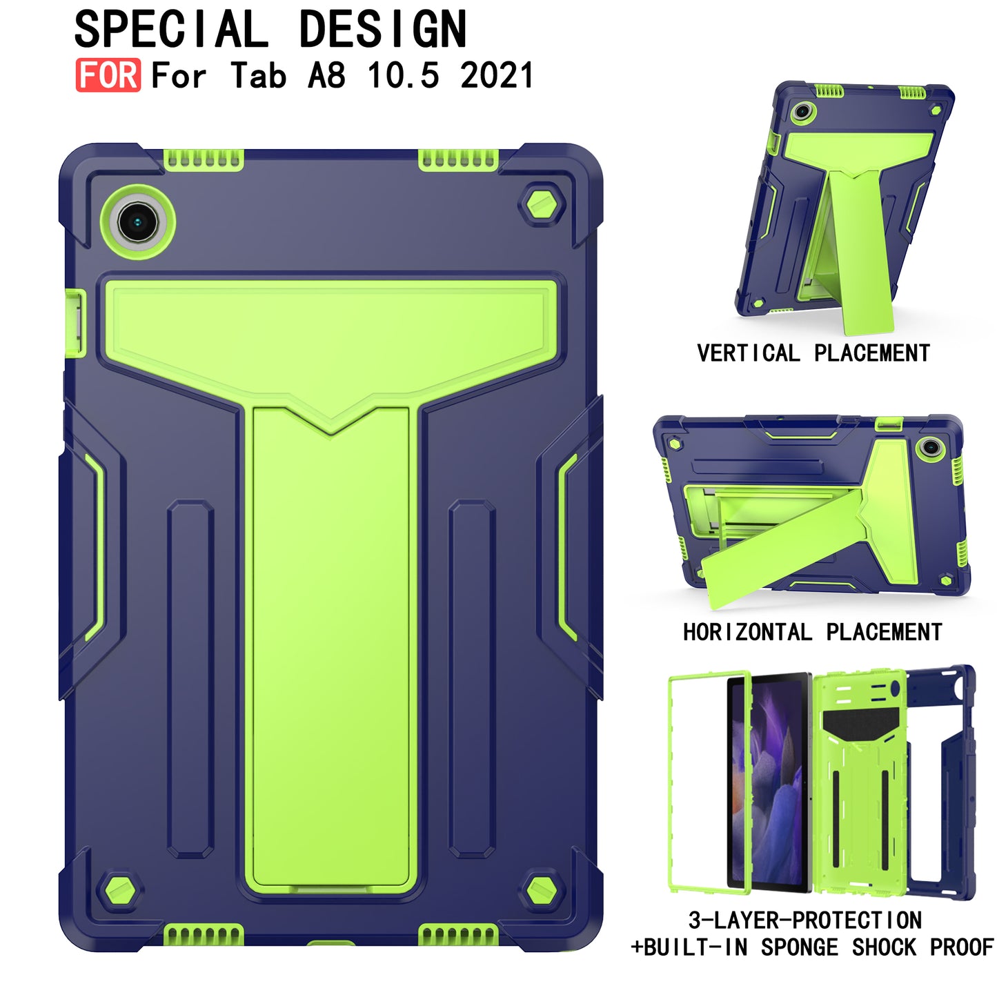 Foldable T-shaped Tablet Case with Kickstand PC Silicone Shockproof Protector Cover for Samsung Galaxy Tab A8 10.5 (2021)