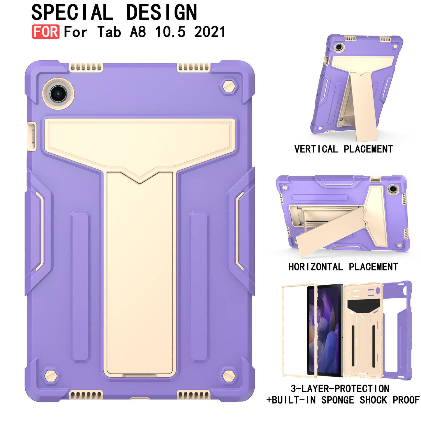 Foldable T-shaped Tablet Case with Kickstand PC Silicone Shockproof Protector Cover for Samsung Galaxy Tab A8 10.5 (2021)