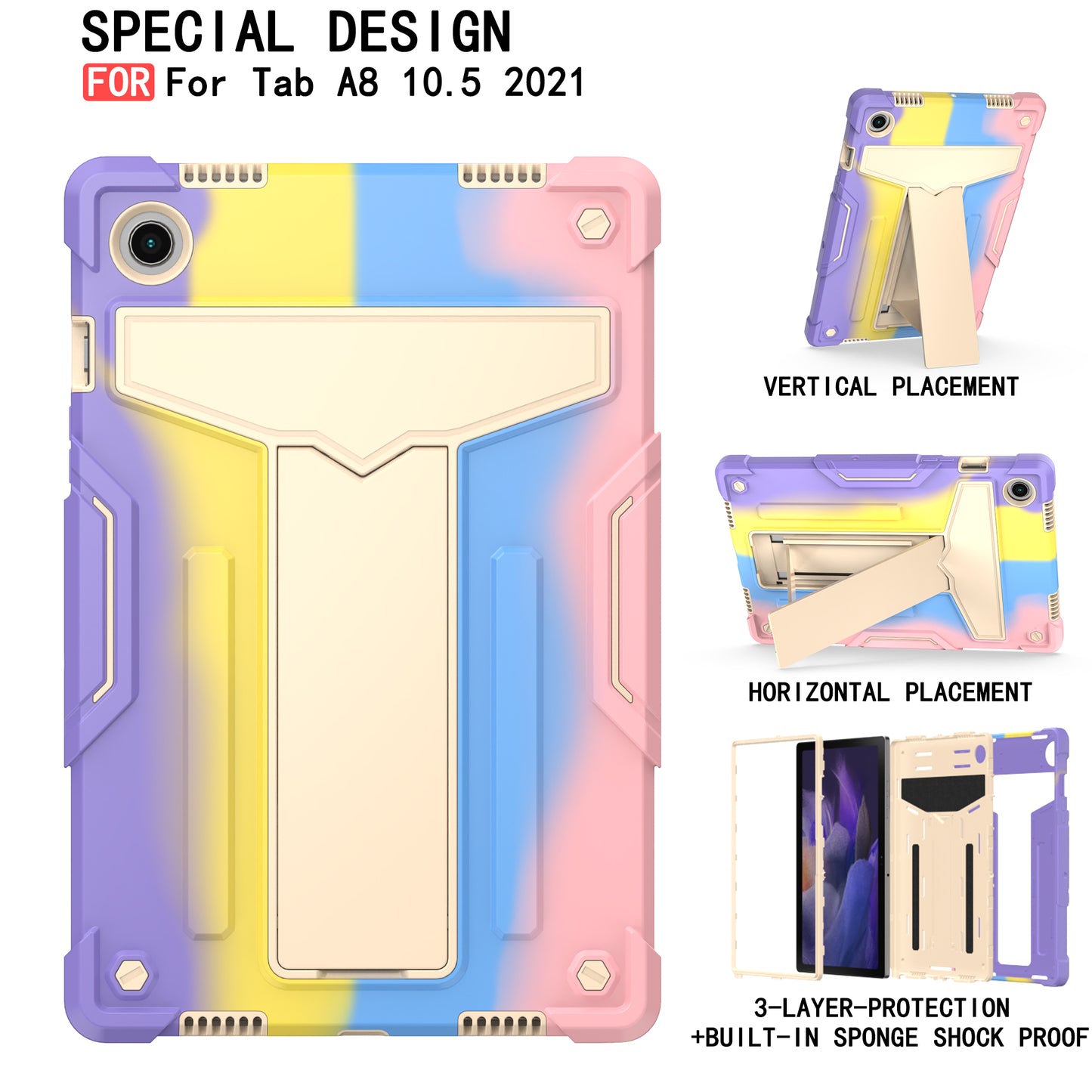 Foldable T-shaped Tablet Case with Kickstand PC Silicone Shockproof Protector Cover for Samsung Galaxy Tab A8 10.5 (2021)