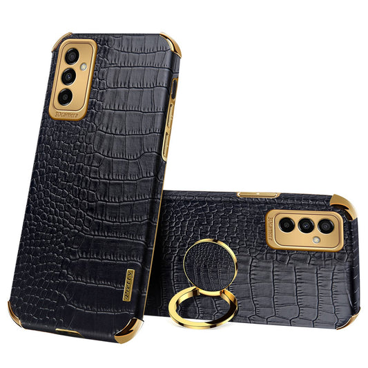 For Samsung Galaxy M23 5G/F23 5G Shockproof Phone Cover Crocodile Texture Kickstand Electroplated Finger Ring Holder PU Leather Coated TPU Anti-scratch Phone Case