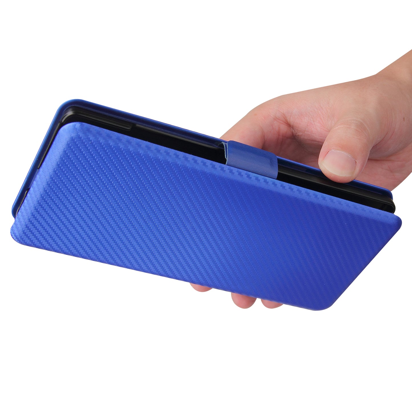 Carbon Fiber Skin Magnetic Phone Case with Buckle + Card Holder + Ring Strap for LG Wing 5G