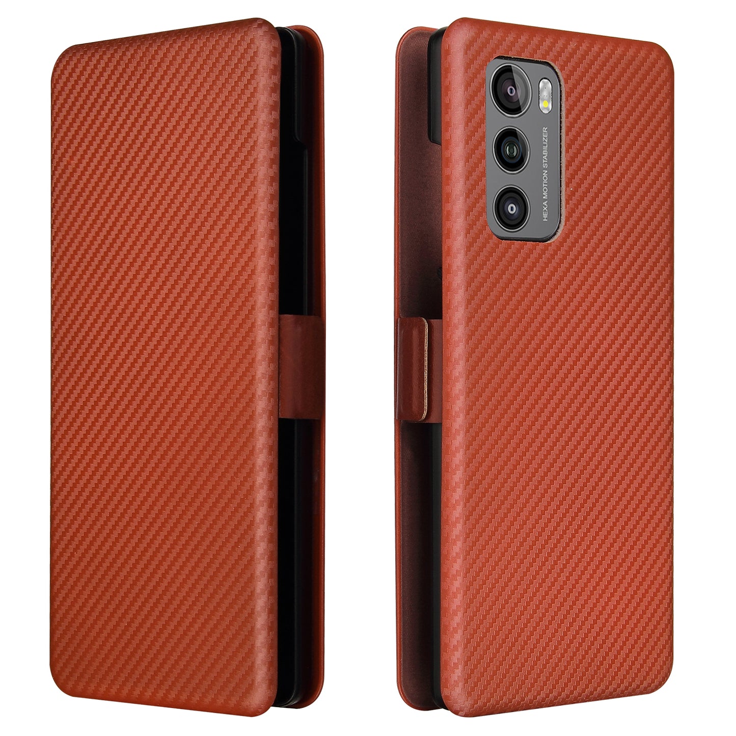 Carbon Fiber Skin Magnetic Phone Case with Buckle + Card Holder + Ring Strap for LG Wing 5G