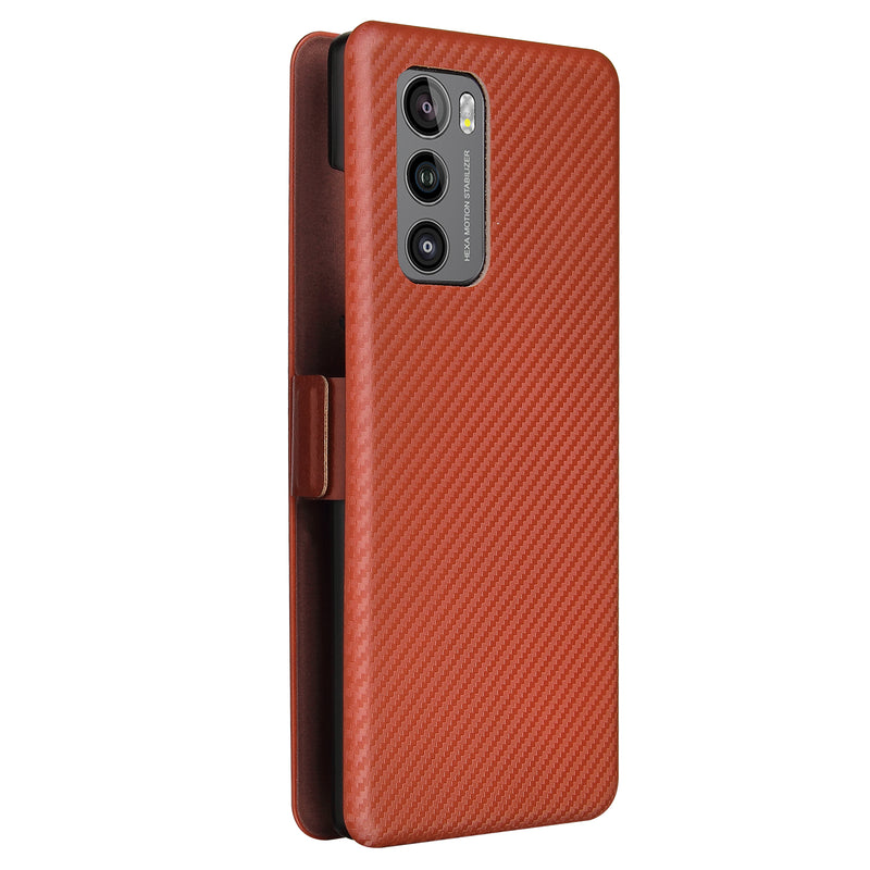 Carbon Fiber Skin Magnetic Phone Case with Buckle + Card Holder + Ring Strap for LG Wing 5G