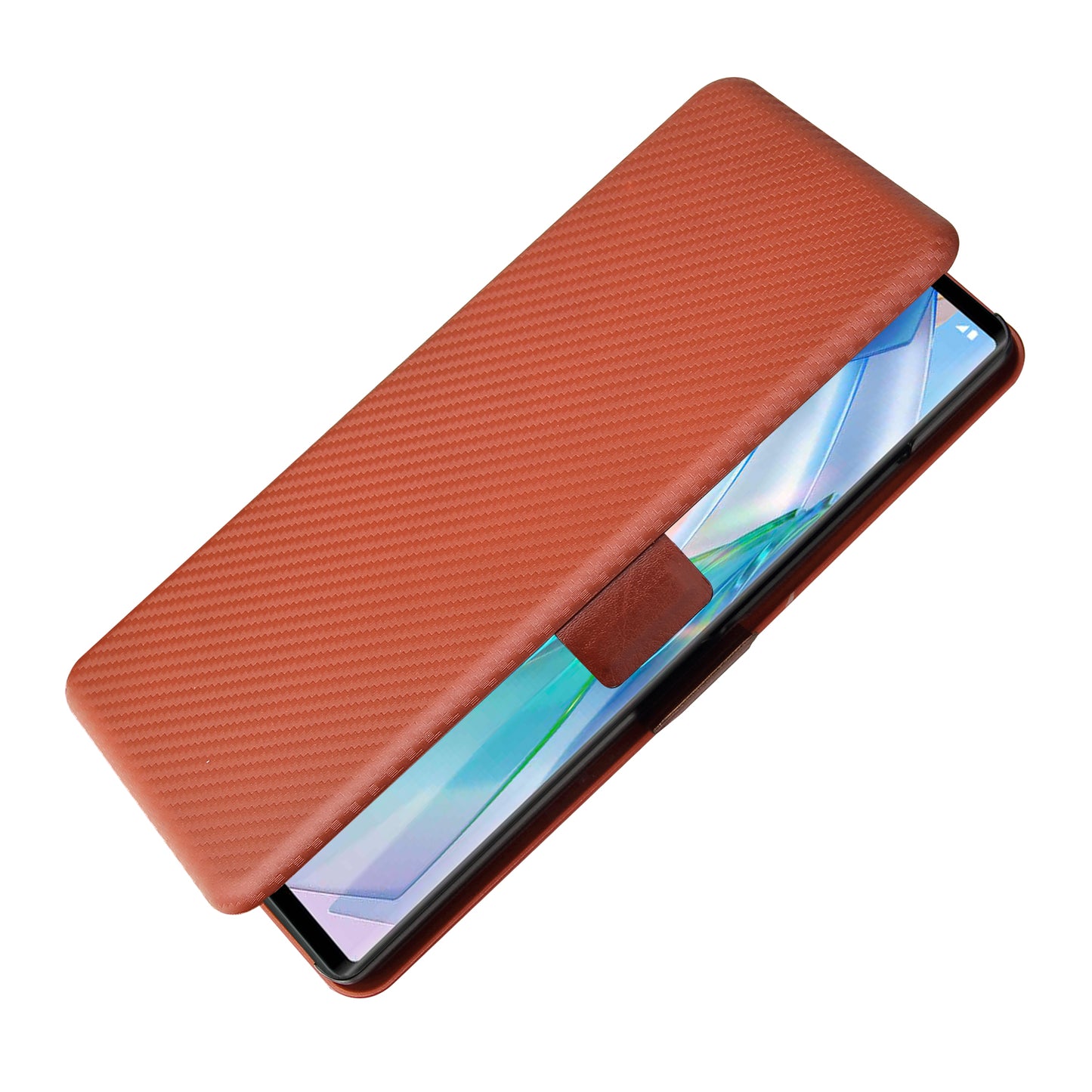 Carbon Fiber Skin Magnetic Phone Case with Buckle + Card Holder + Ring Strap for LG Wing 5G