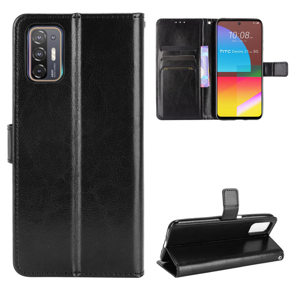 Wallet Stand Design Crazy Horse Texture Leather Phone Cover Shell for HTC Desire 21 Pro 5G