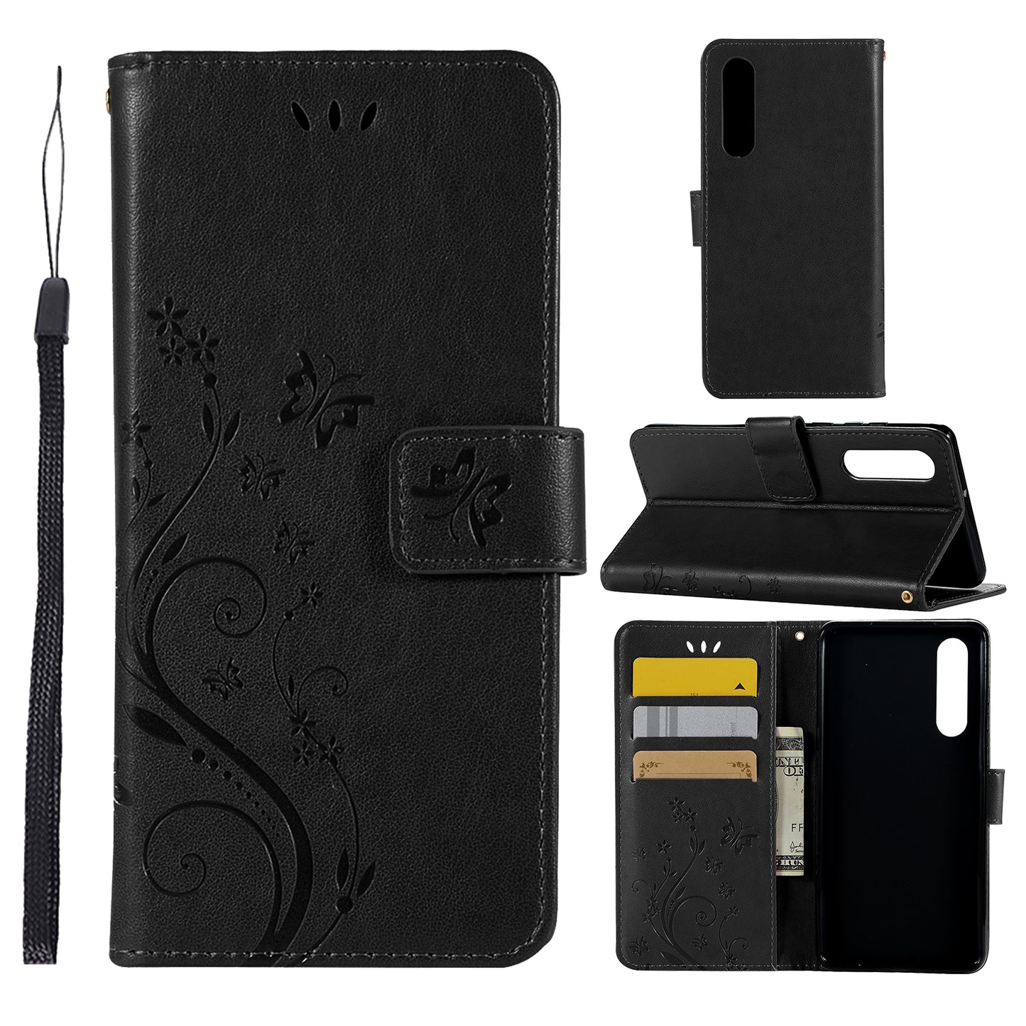 For Huawei P30 Imprint Butterfly Flower Leather Wallet Case with Strap