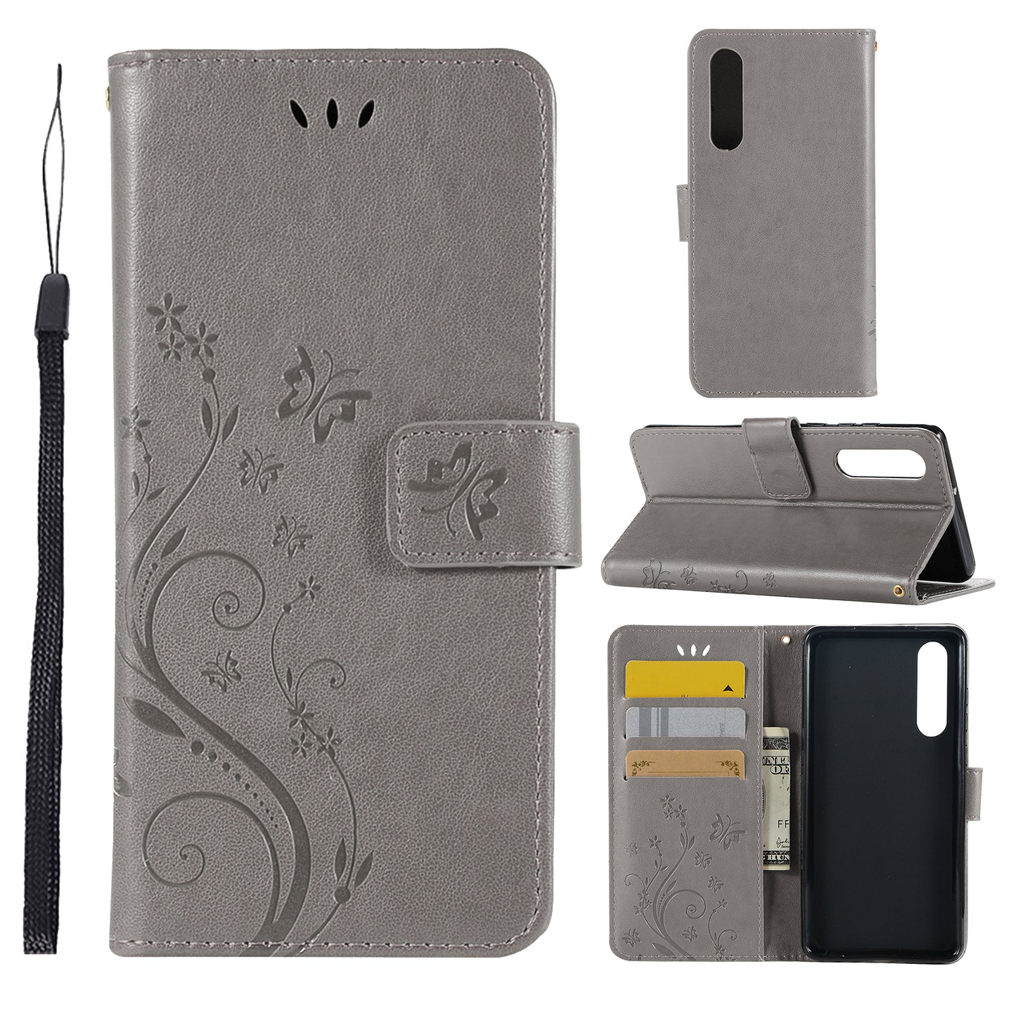 For Huawei P30 Imprint Butterfly Flower Leather Wallet Case with Strap
