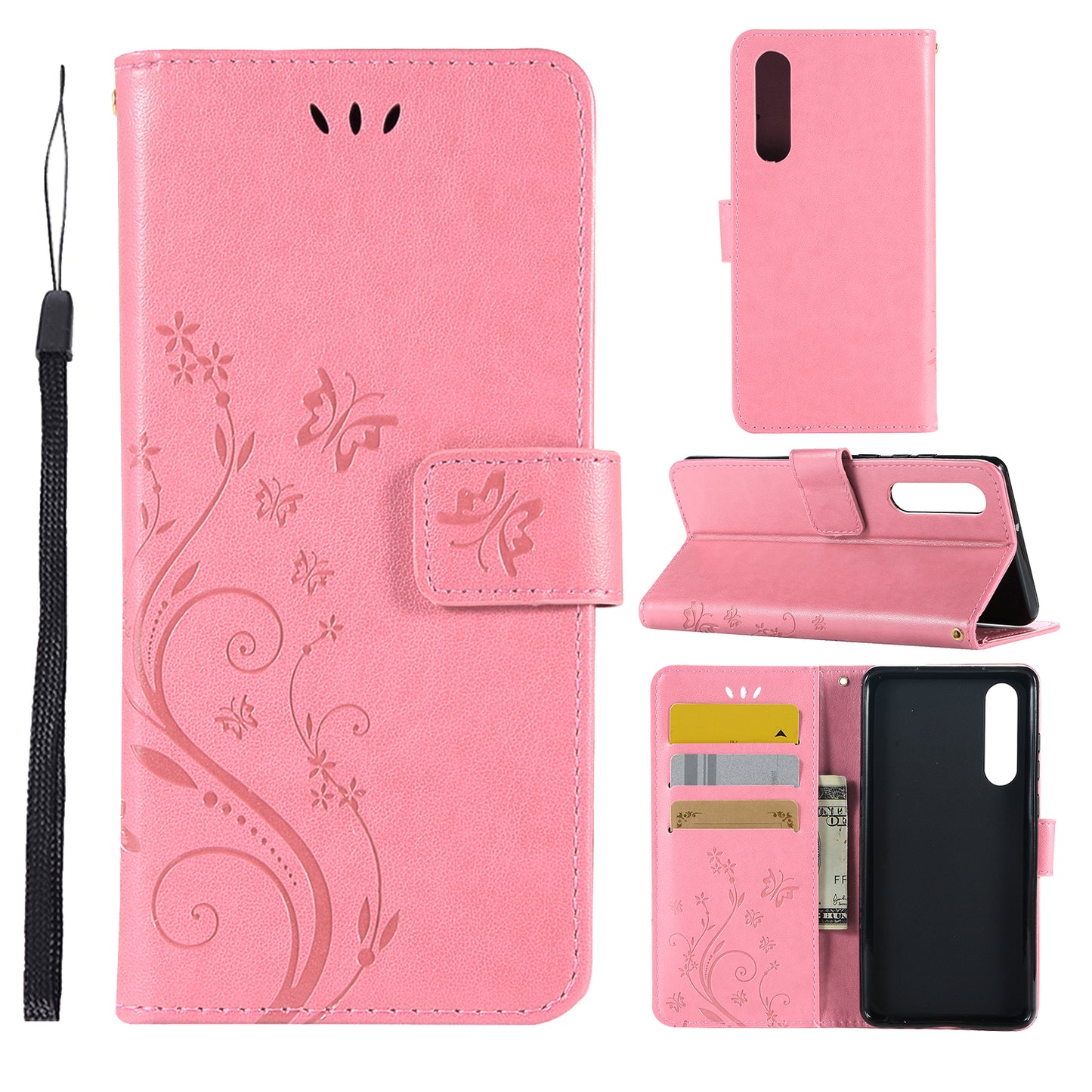 For Huawei P30 Imprint Butterfly Flower Leather Wallet Case with Strap