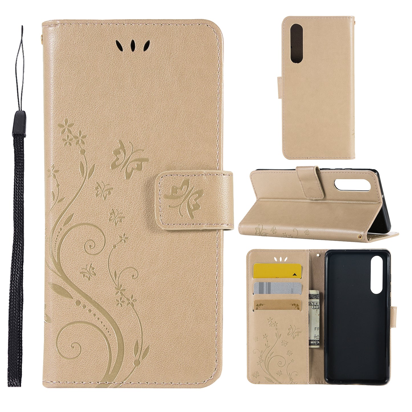 For Huawei P30 Imprint Butterfly Flower Leather Wallet Case with Strap
