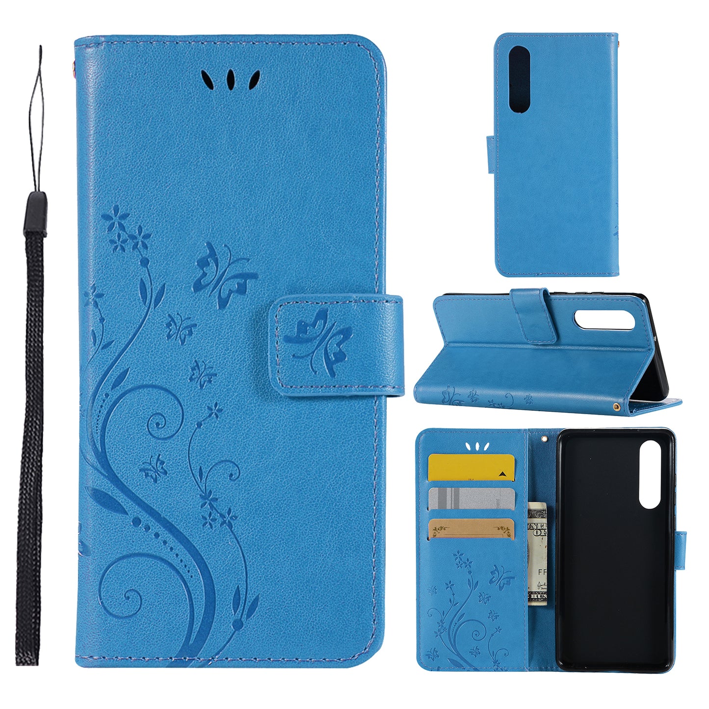 For Huawei P30 Imprint Butterfly Flower Leather Wallet Case with Strap