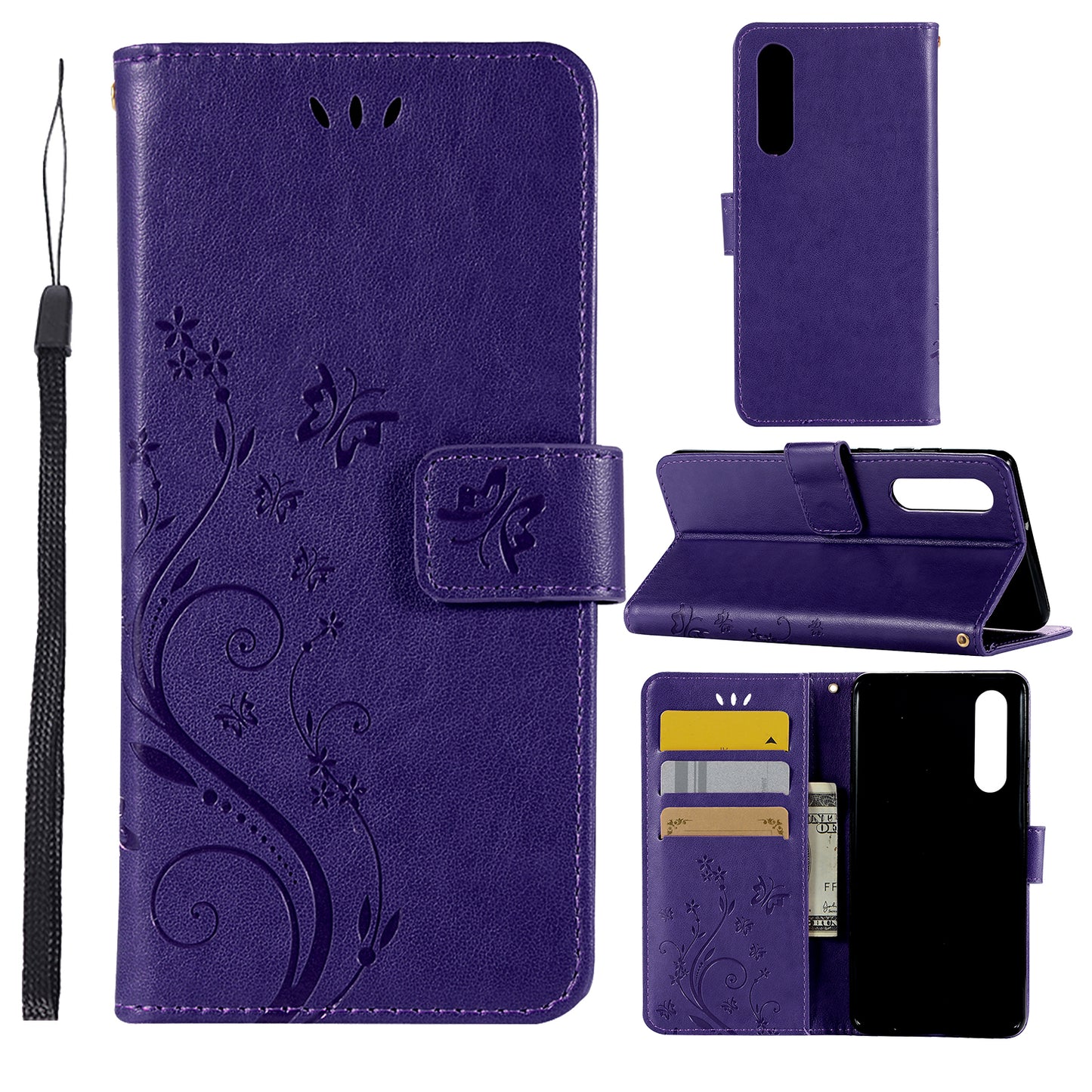For Huawei P30 Imprint Butterfly Flower Leather Wallet Case with Strap