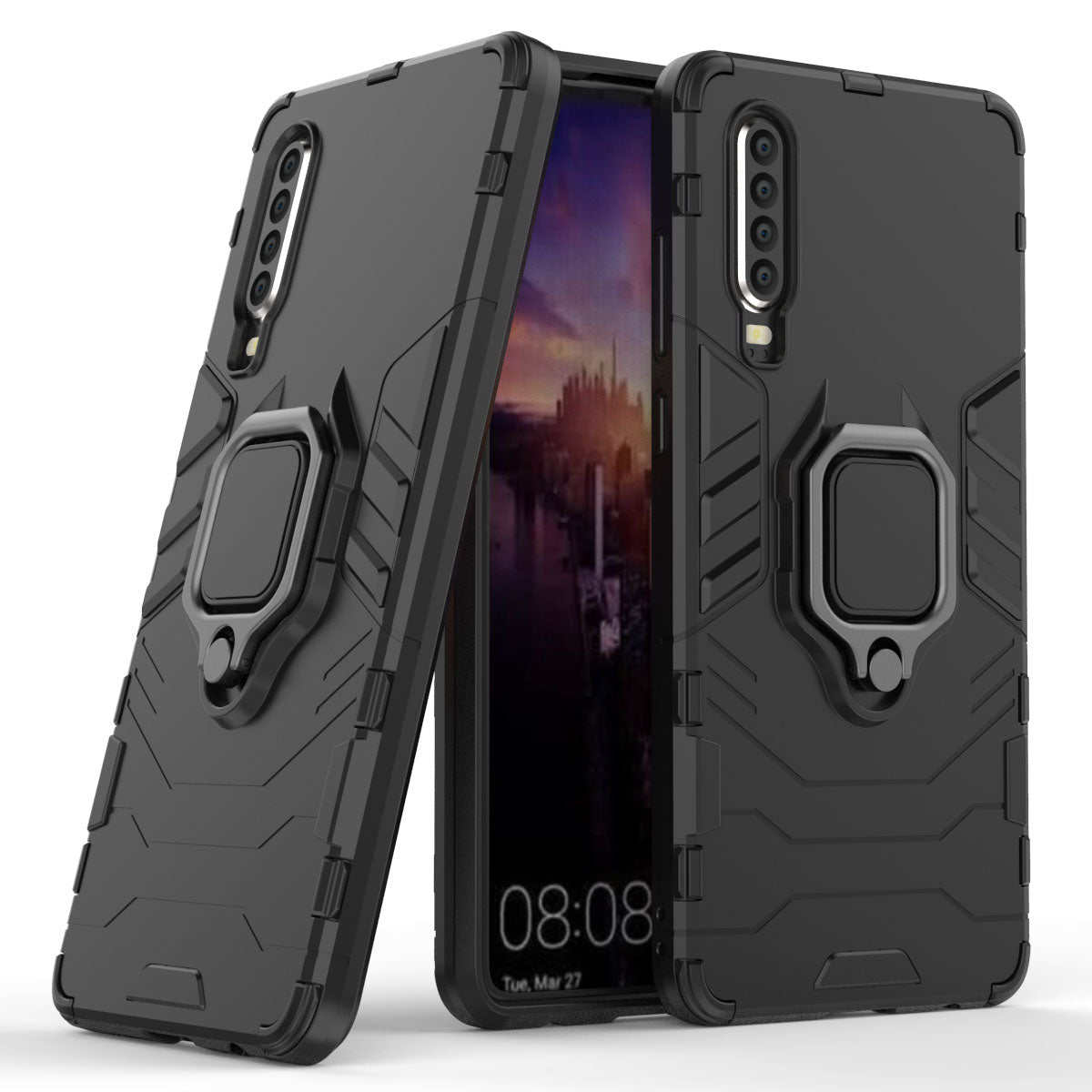 For Huawei P30 Finger Ring Kickstand PC + TPU Hybrid Mobile Phone Case