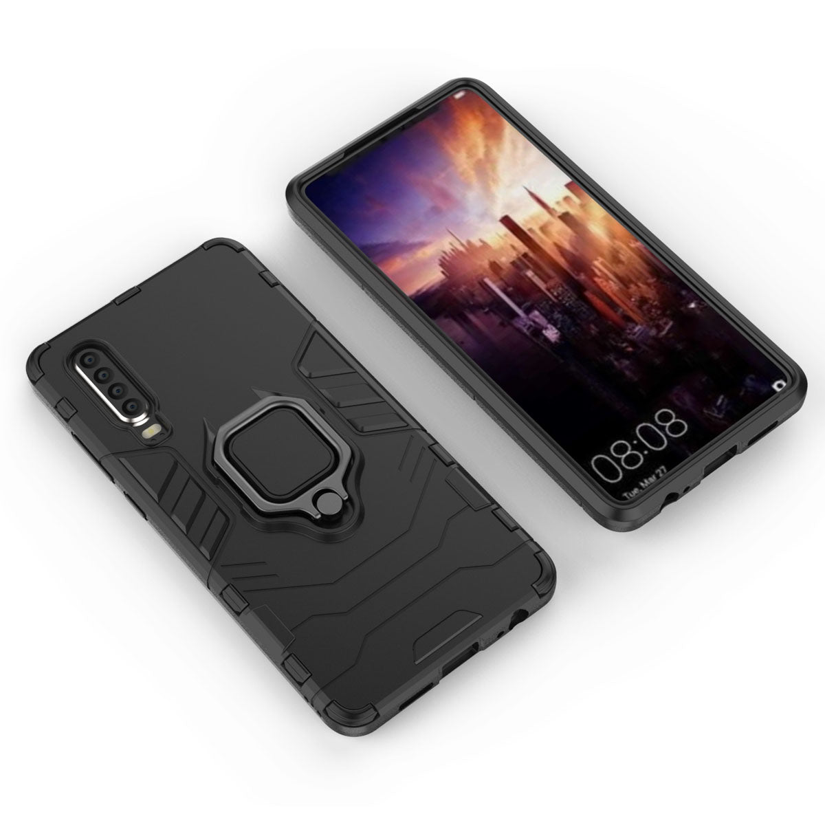 For Huawei P30 Finger Ring Kickstand PC + TPU Hybrid Mobile Phone Case