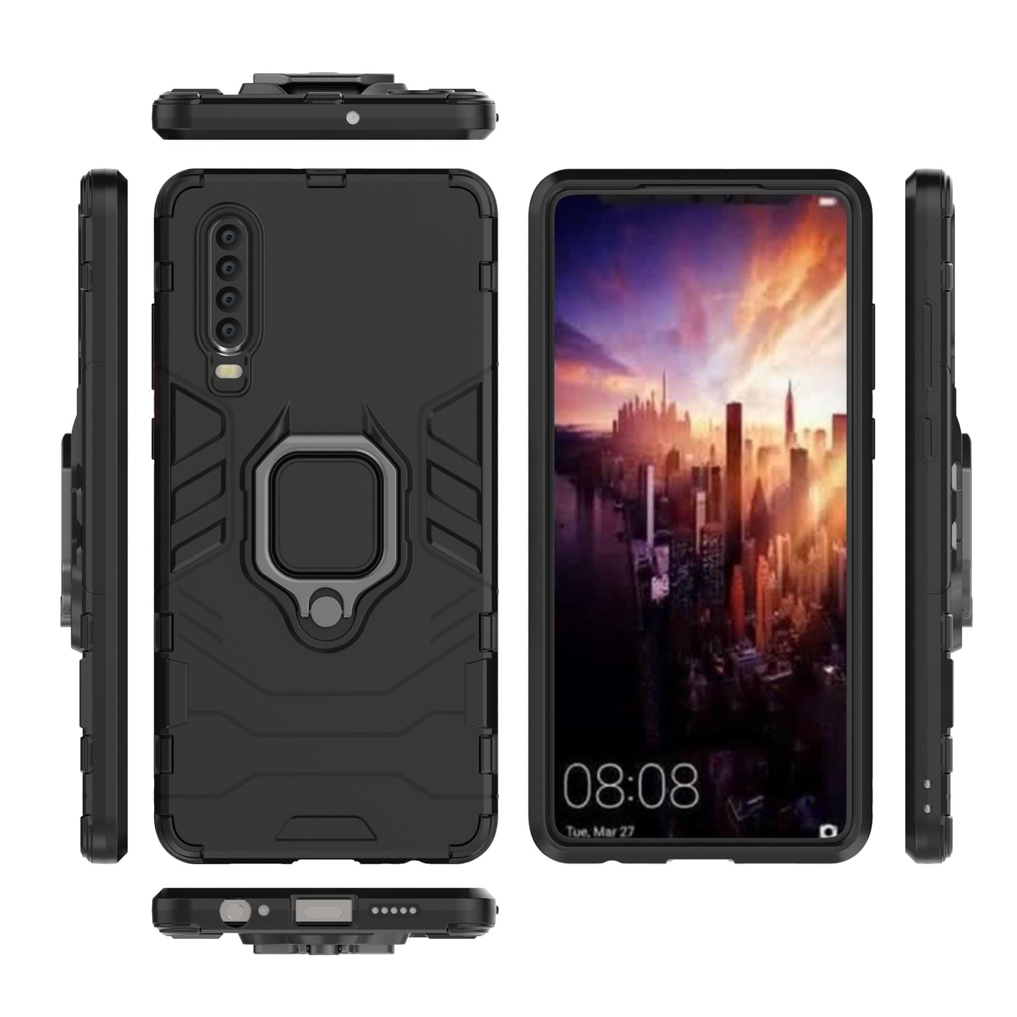 For Huawei P30 Finger Ring Kickstand PC + TPU Hybrid Mobile Phone Case