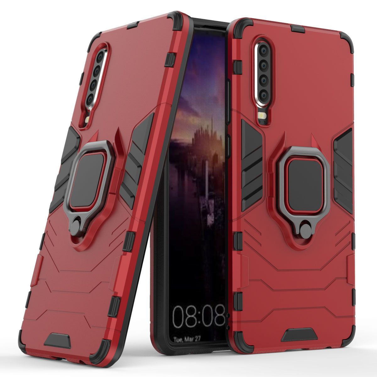 For Huawei P30 Finger Ring Kickstand PC + TPU Hybrid Mobile Phone Case