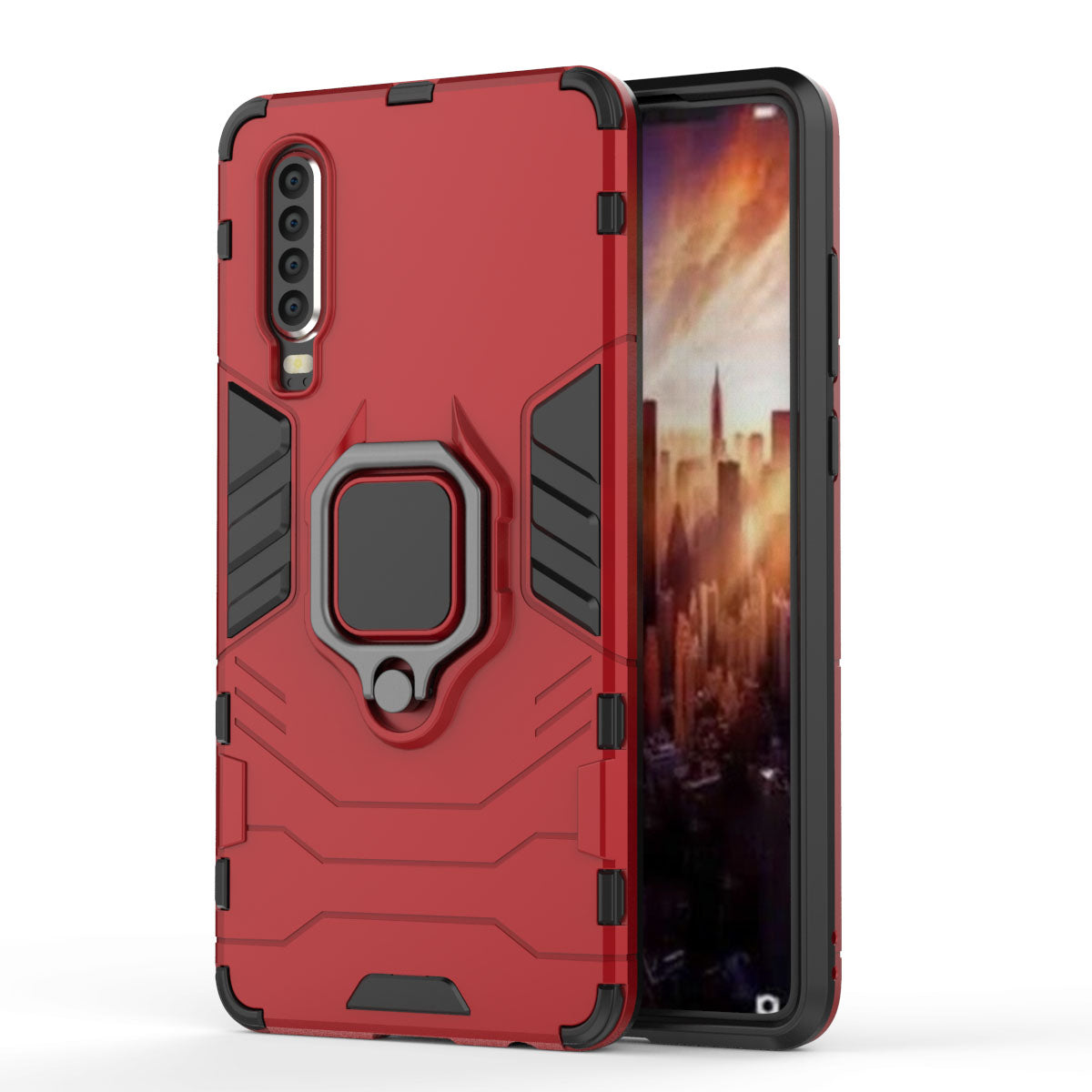 For Huawei P30 Finger Ring Kickstand PC + TPU Hybrid Mobile Phone Case