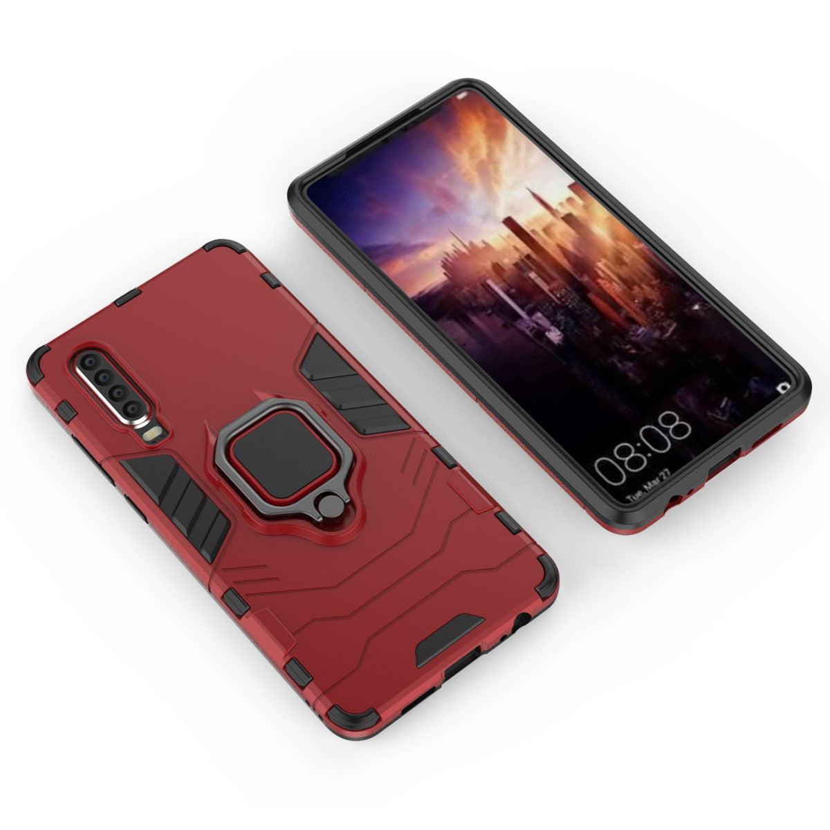For Huawei P30 Finger Ring Kickstand PC + TPU Hybrid Mobile Phone Case
