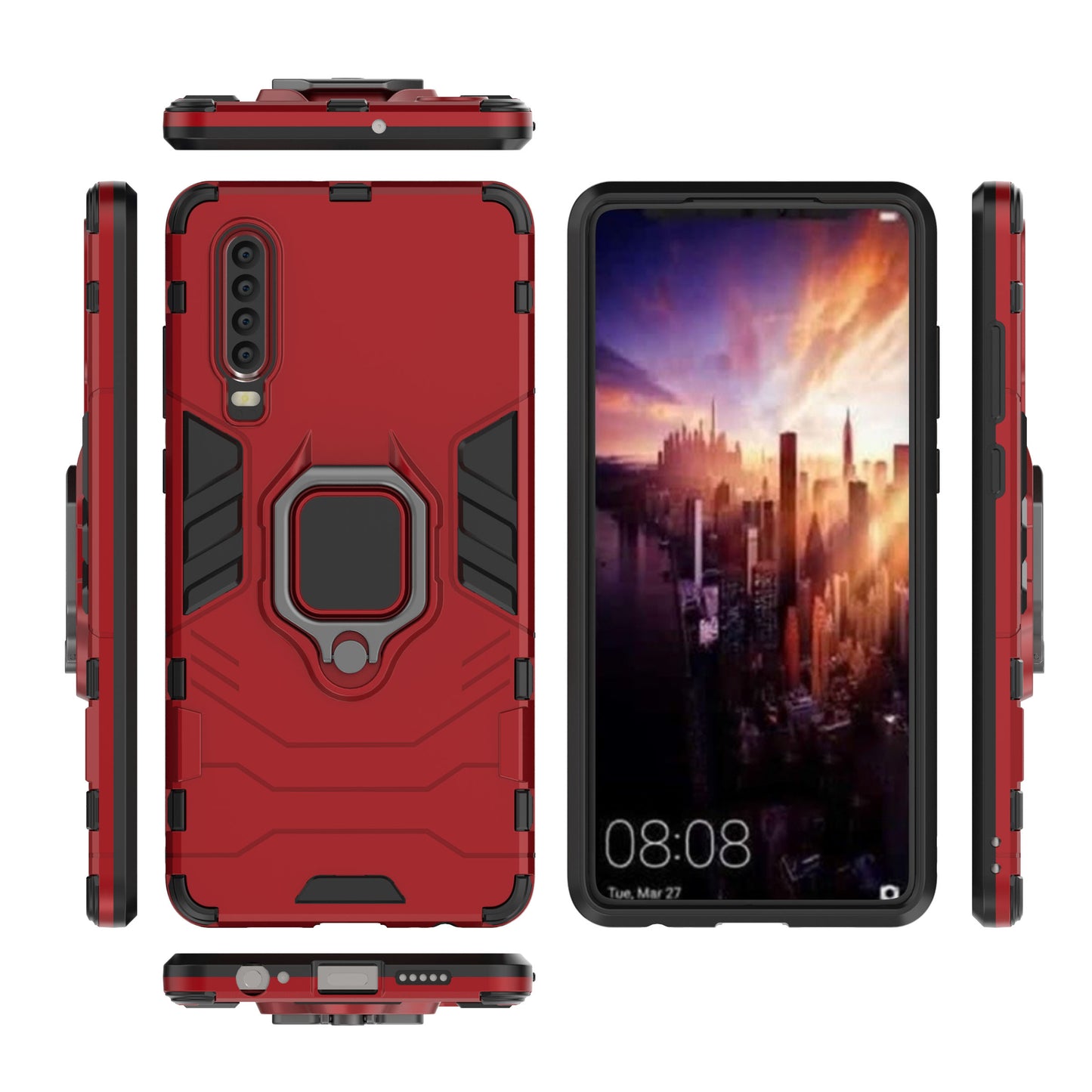 For Huawei P30 Finger Ring Kickstand PC + TPU Hybrid Mobile Phone Case