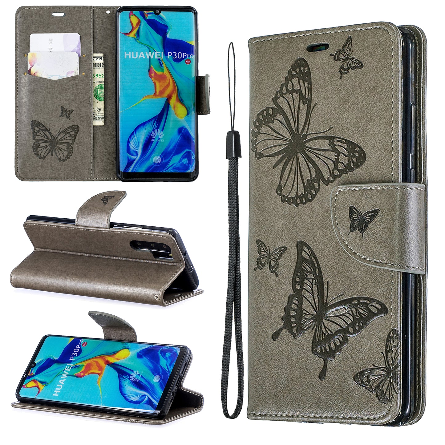 For Huawei P30 Pro PU Leather Imprint Butterflies Phone Case