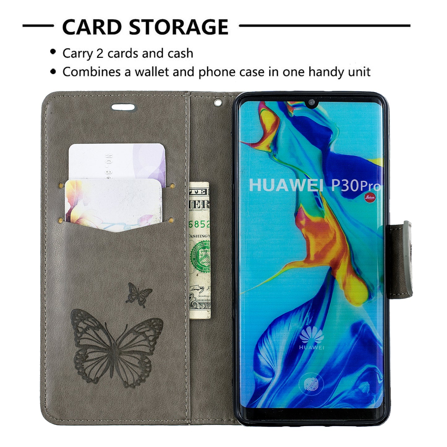 For Huawei P30 Pro PU Leather Imprint Butterflies Phone Case