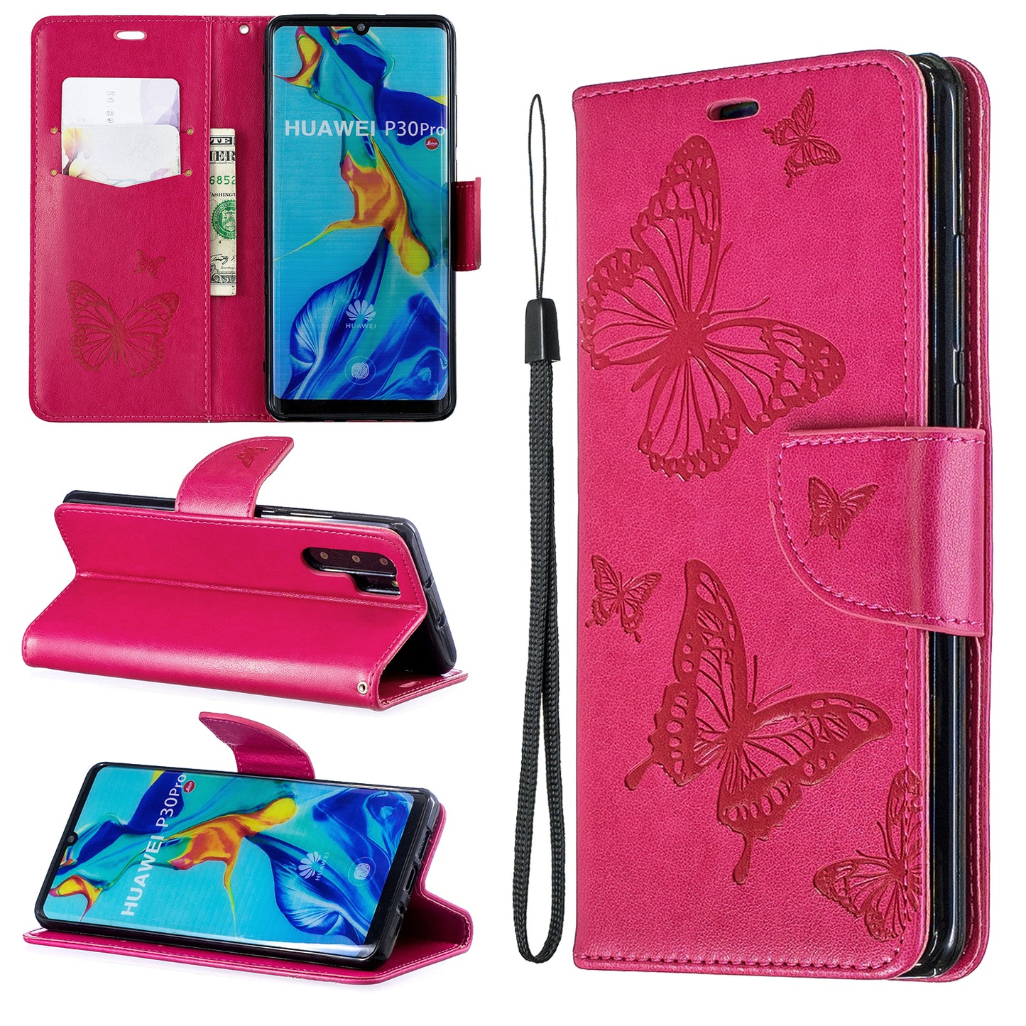 For Huawei P30 Pro PU Leather Imprint Butterflies Phone Case