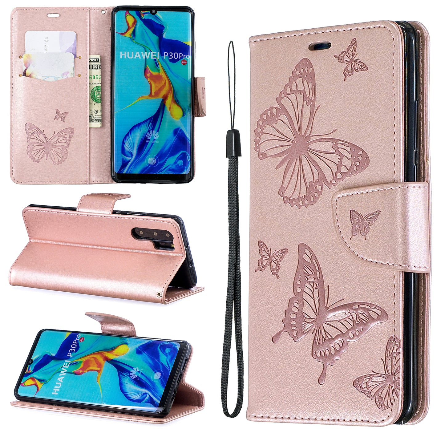 For Huawei P30 Pro PU Leather Imprint Butterflies Phone Case
