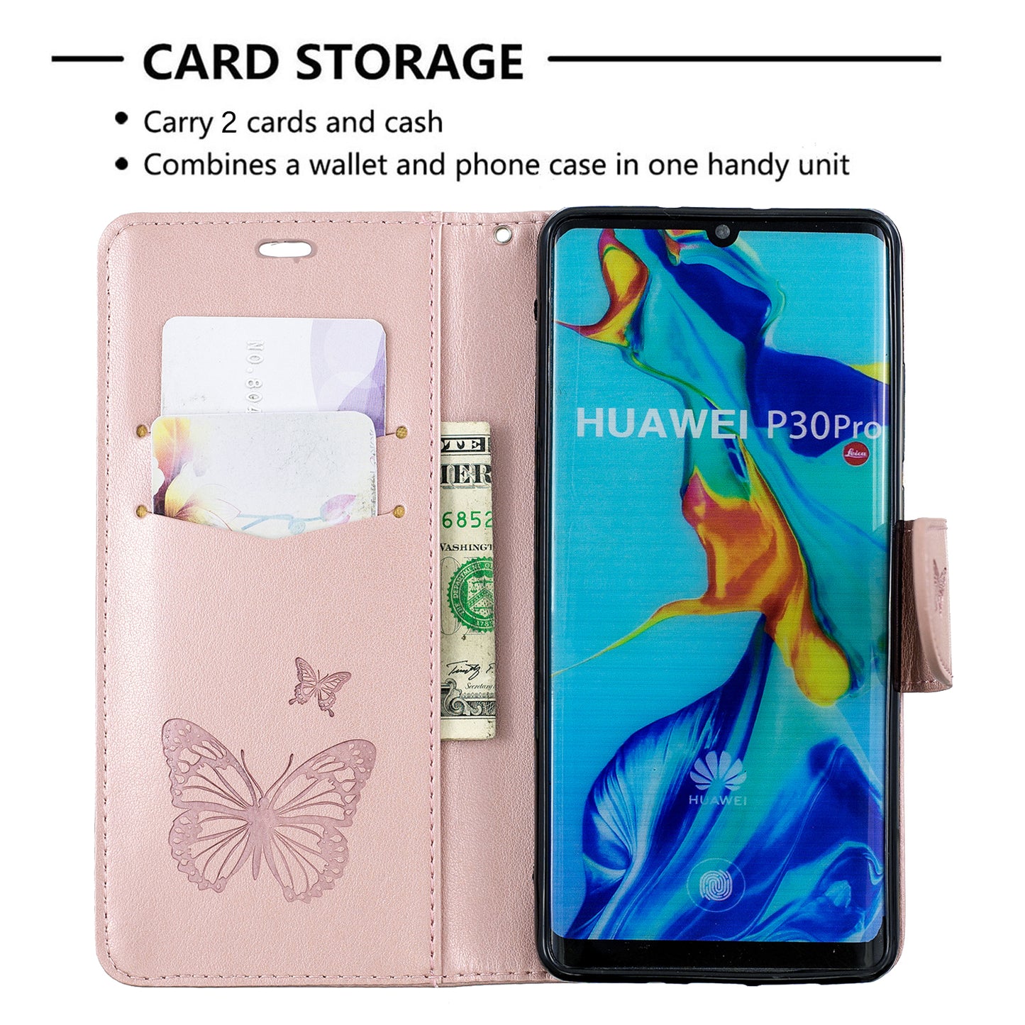For Huawei P30 Pro PU Leather Imprint Butterflies Phone Case