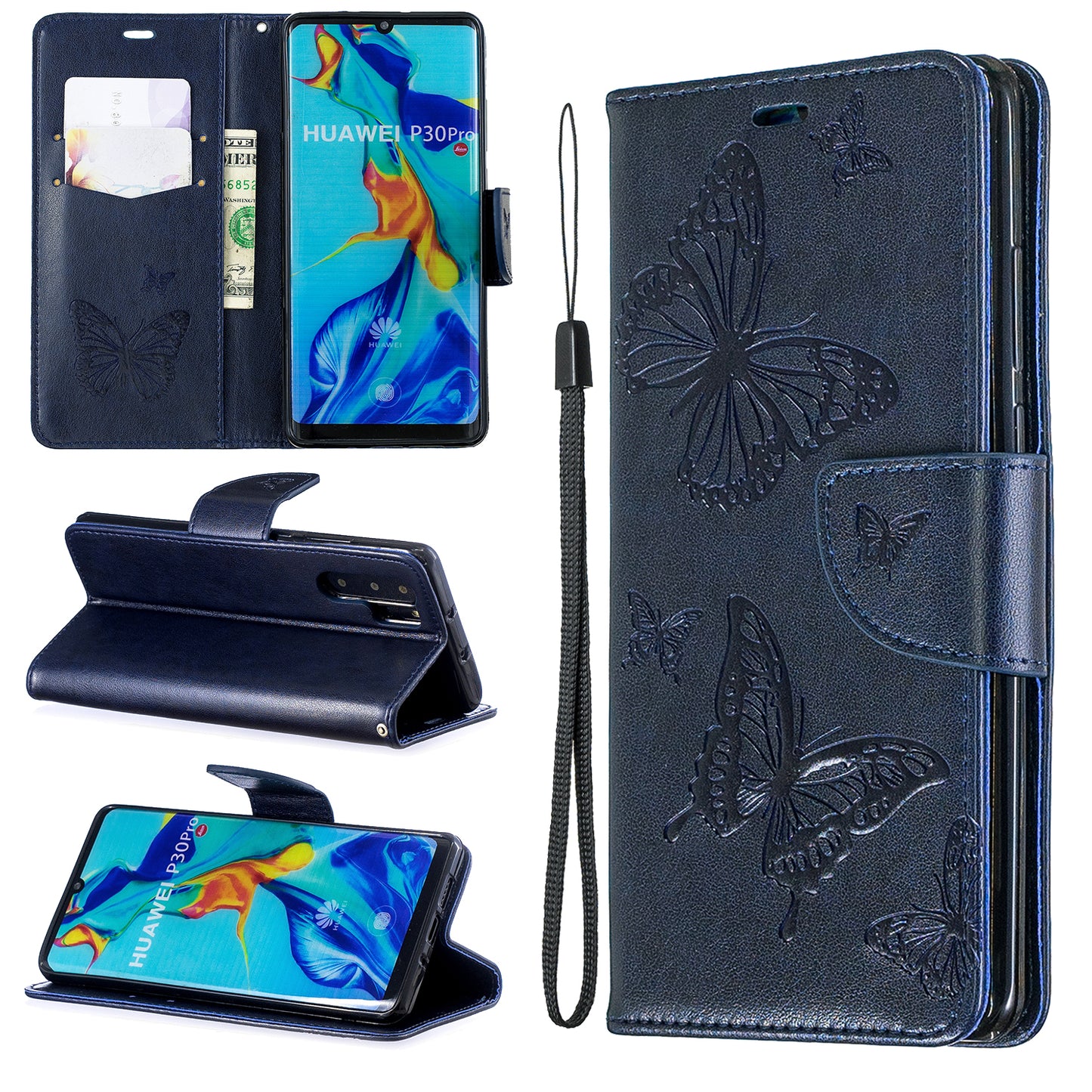 For Huawei P30 Pro PU Leather Imprint Butterflies Phone Case
