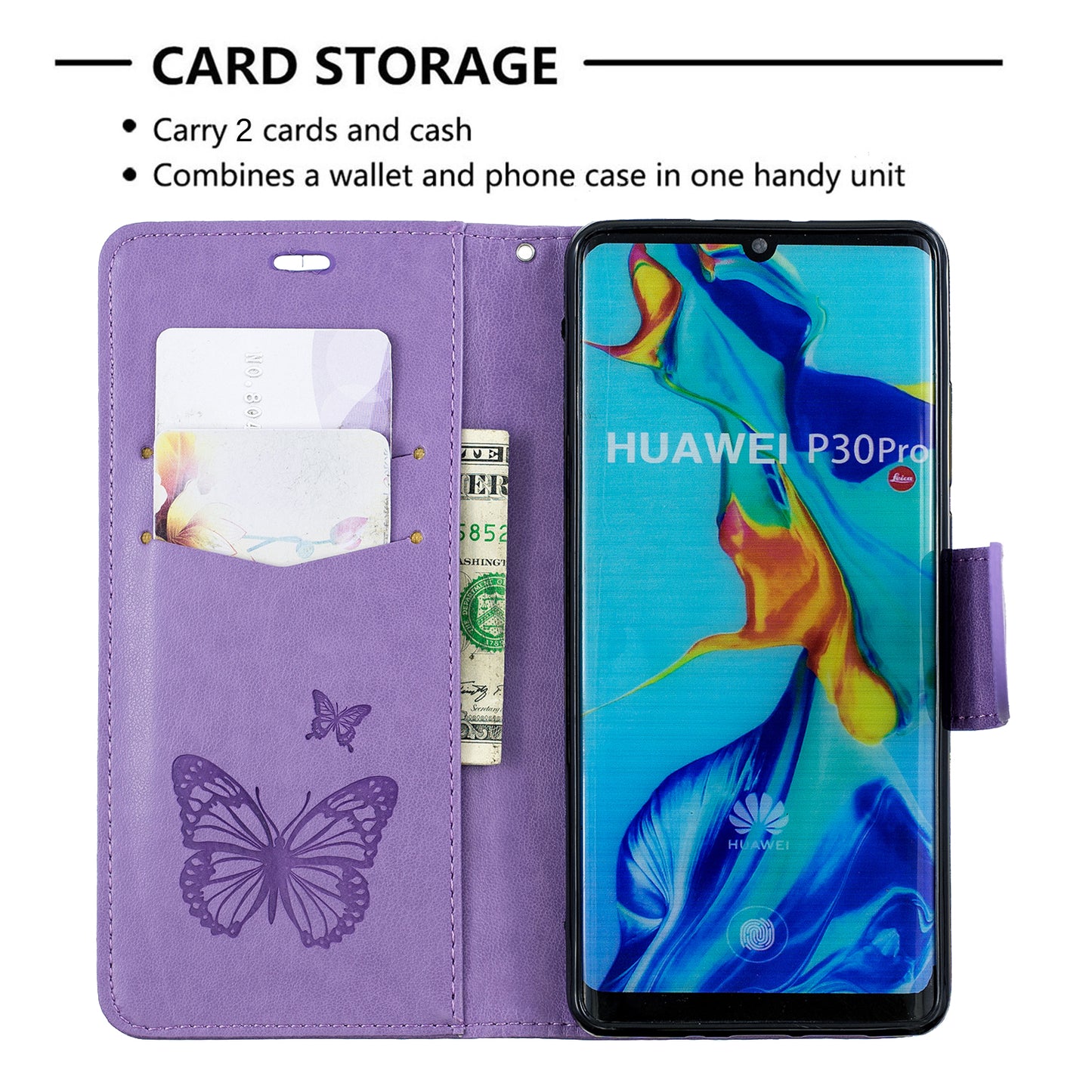 For Huawei P30 Pro PU Leather Imprint Butterflies Phone Case