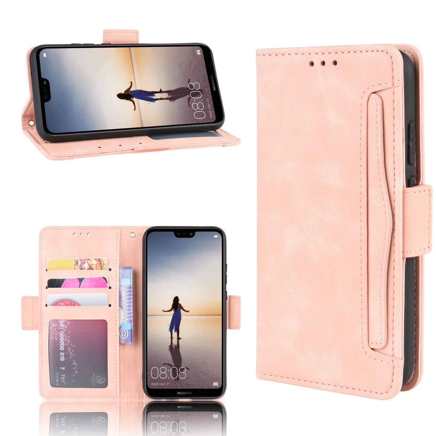 For Huawei P20 Lite (2018)/Nova 3e Protective Shell Leather Wallet Stand with Multiple Card Slots Phone Case