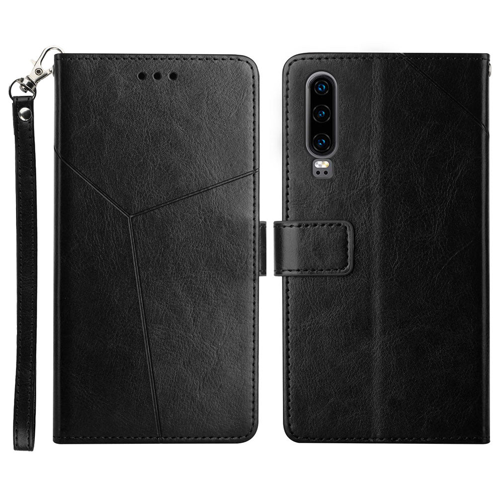 For Huawei P30 Premium PU Leather and TPU Phone Case Stylish Y-shaped Line Imprinting Wallet Shell Stand Cover