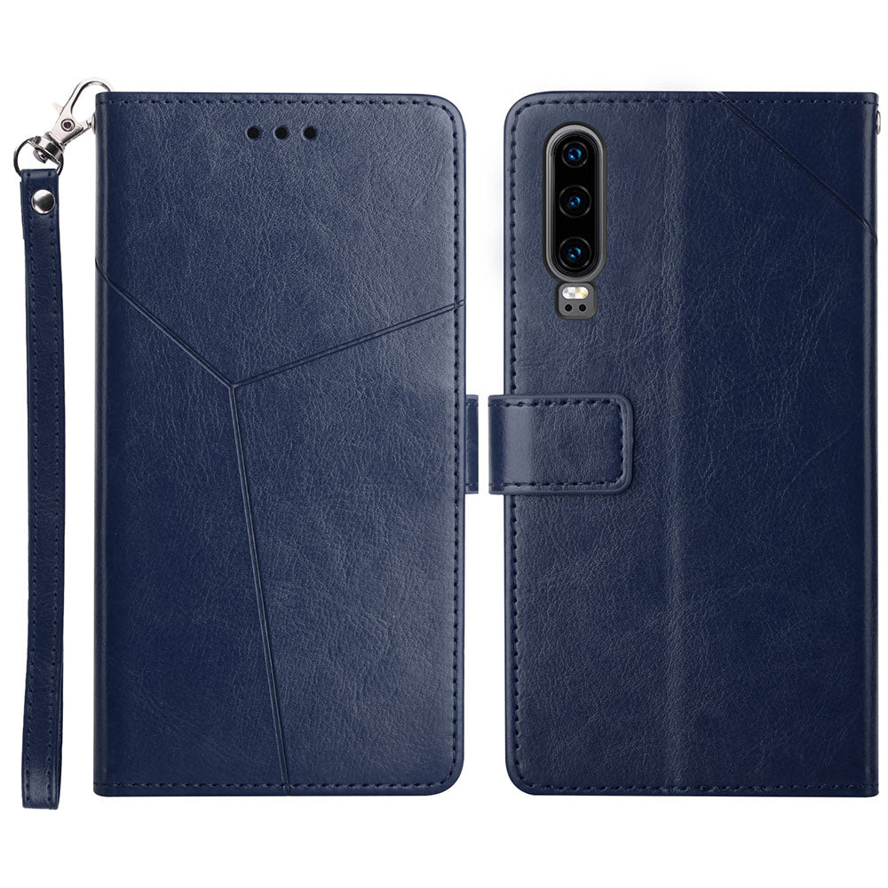 For Huawei P30 Premium PU Leather and TPU Phone Case Stylish Y-shaped Line Imprinting Wallet Shell Stand Cover