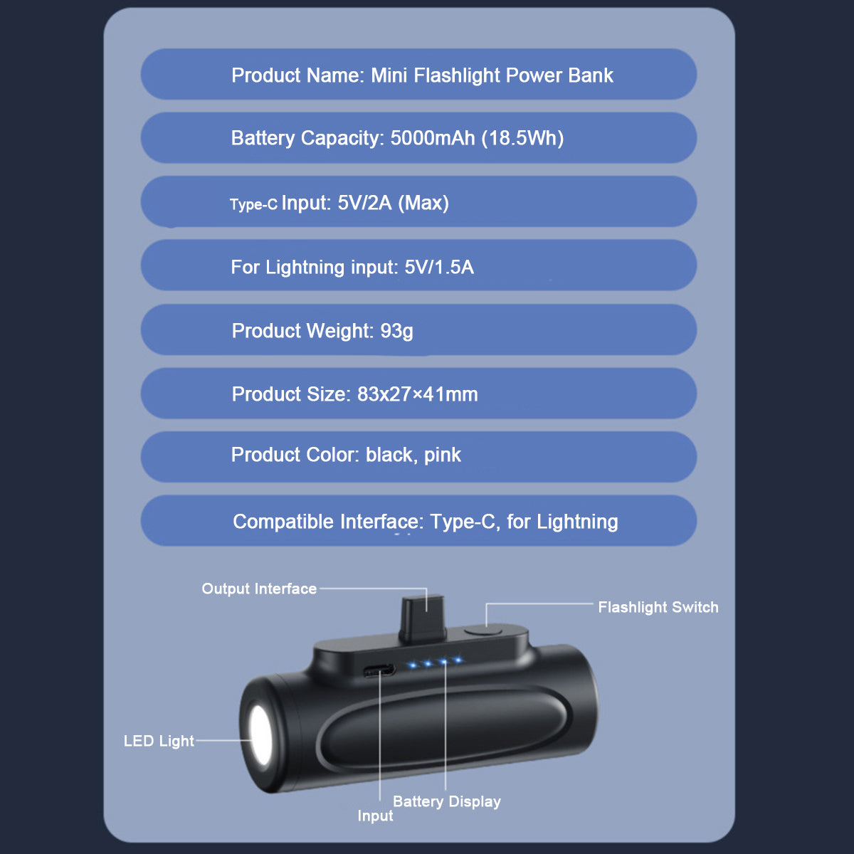 D18 5000mAh Small Portable Charger Mini Power Bank Type-C Compact Phone Charger with Flashlight