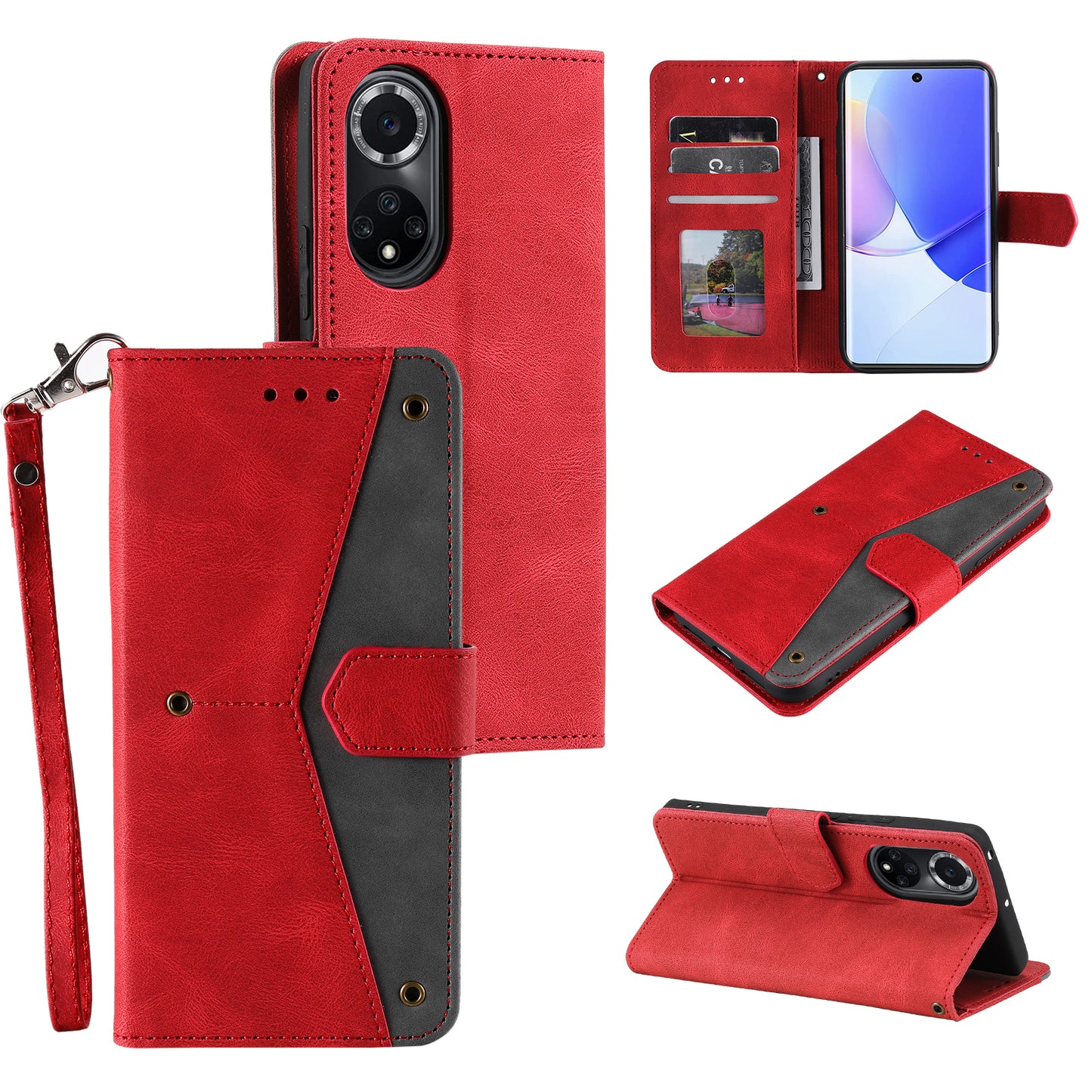 For Huawei nova 9 Shockproof PU Leather Wallet Phone Stand Case Rivet Decor Full Protection Phone Cover