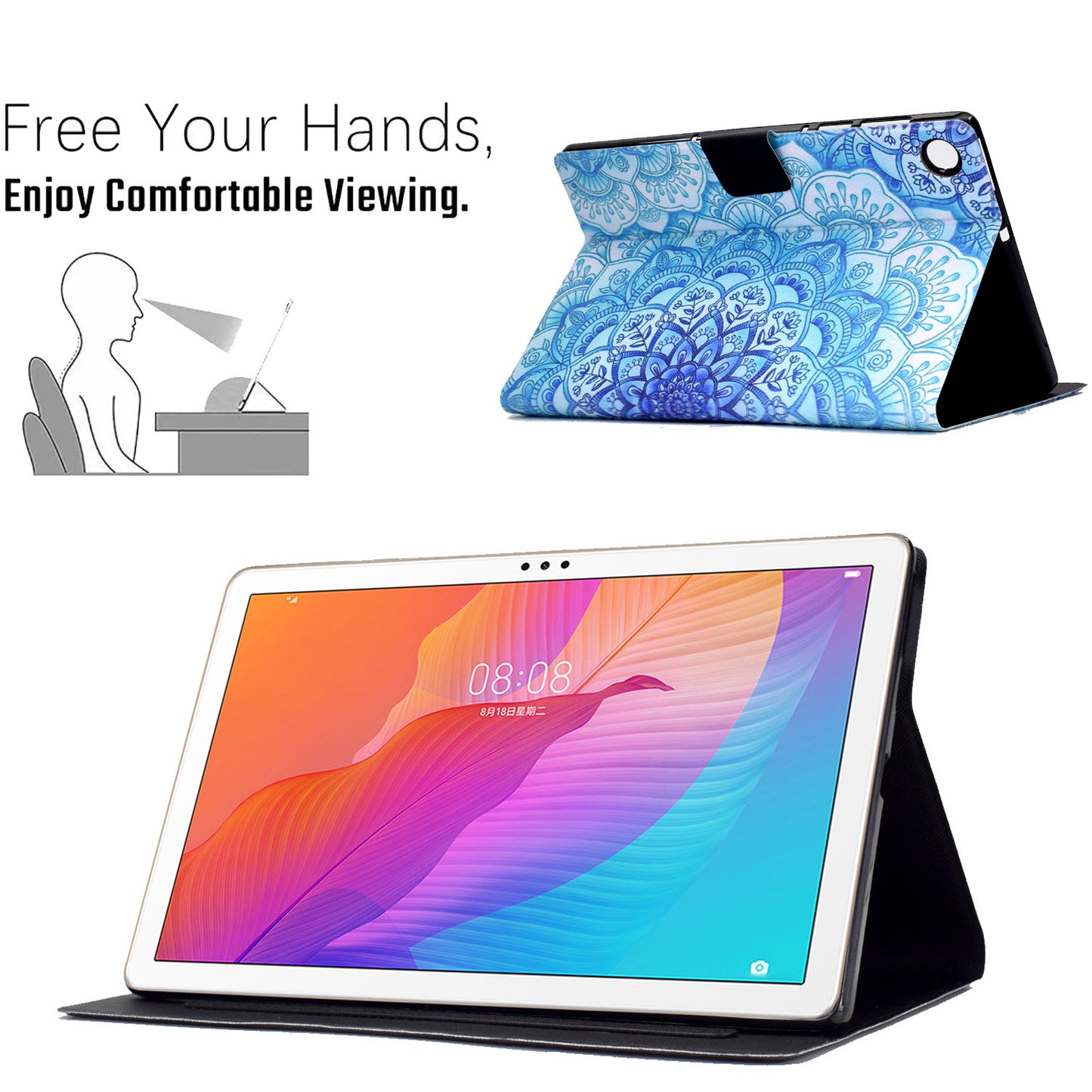 For Huawei MatePad T 10 9.7 inch/T 10S 10.1 inch/Enjoy Tablet 2 10.1 inch/Honor Pad X6 9.7 inch/6 10.1 inch Pattern Printing Leather Case Card Slots Tablet Shell