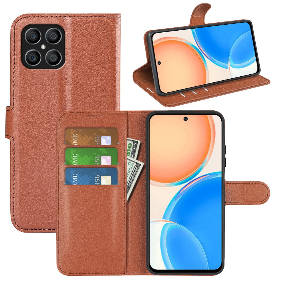 For Honor X8 Litchi Texture PU Leather Wallet Mobile Phone Case Stand Function Drop-proof Phone Cover