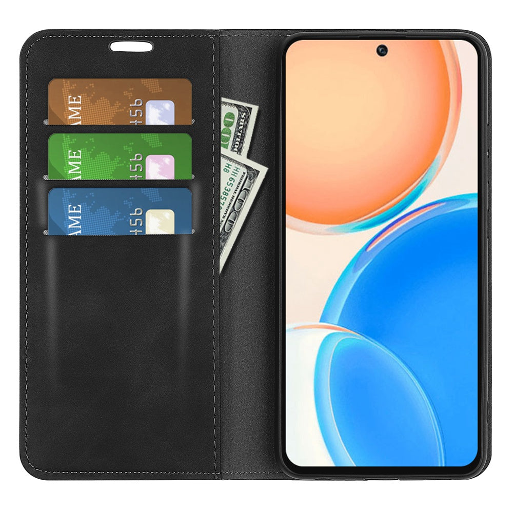 For Honor X8 Skin-touch Folio Flip Leather Cover Auto-absorbed Magnetic Phone Wallet Stand Case
