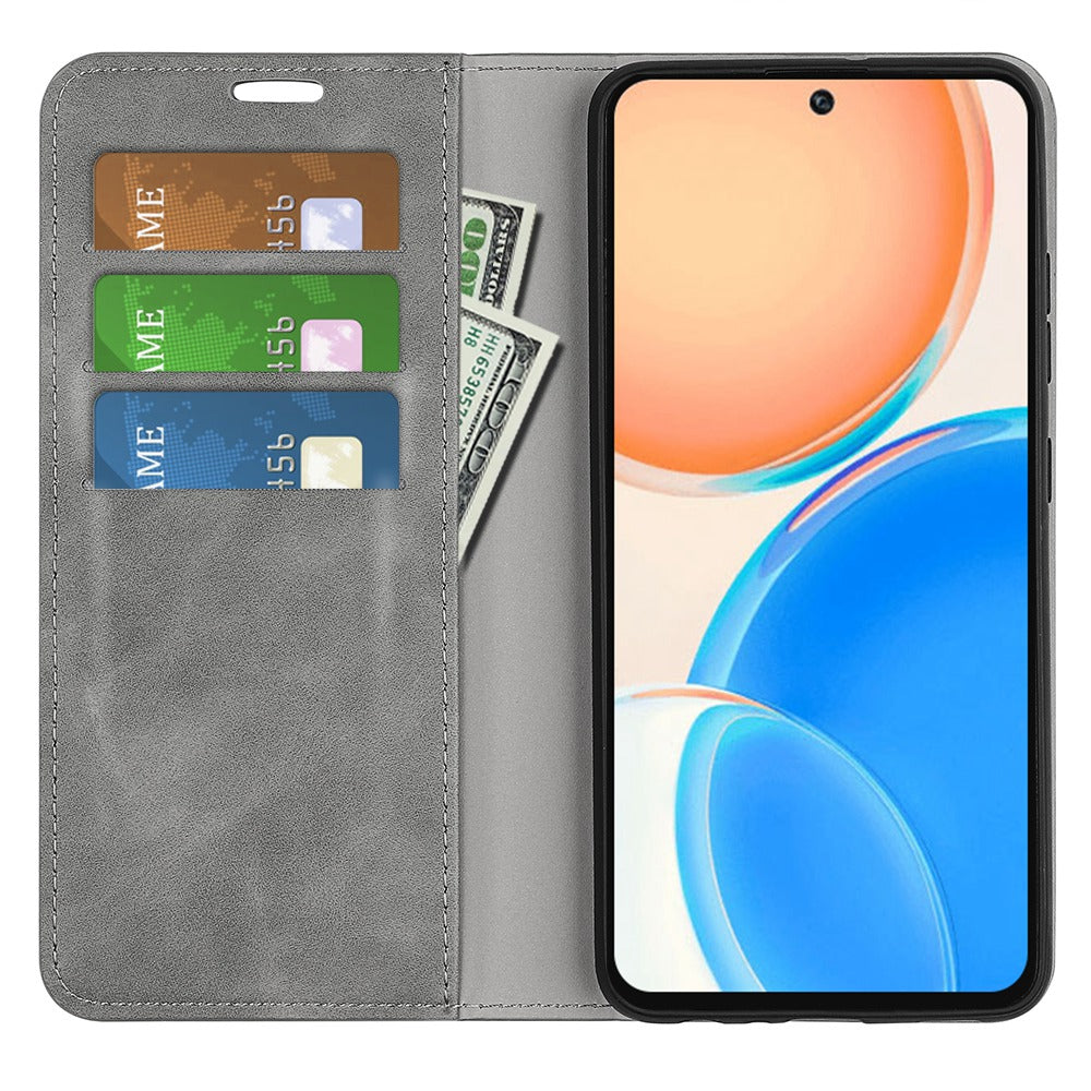 For Honor X8 Skin-touch Folio Flip Leather Cover Auto-absorbed Magnetic Phone Wallet Stand Case