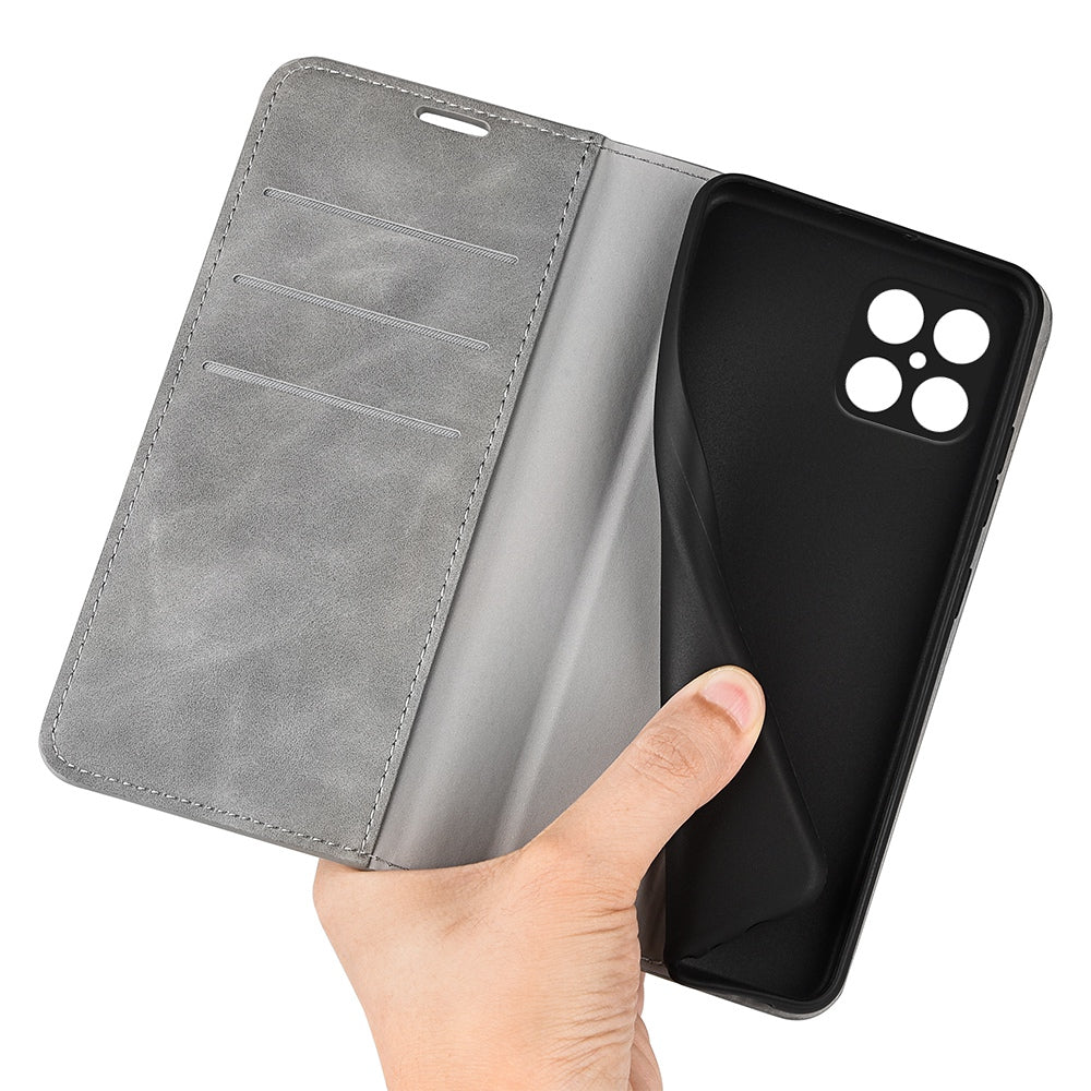 For Honor X8 Skin-touch Folio Flip Leather Cover Auto-absorbed Magnetic Phone Wallet Stand Case