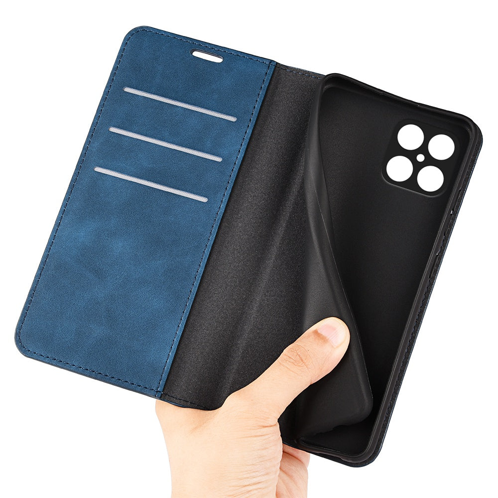 For Honor X8 Skin-touch Folio Flip Leather Cover Auto-absorbed Magnetic Phone Wallet Stand Case